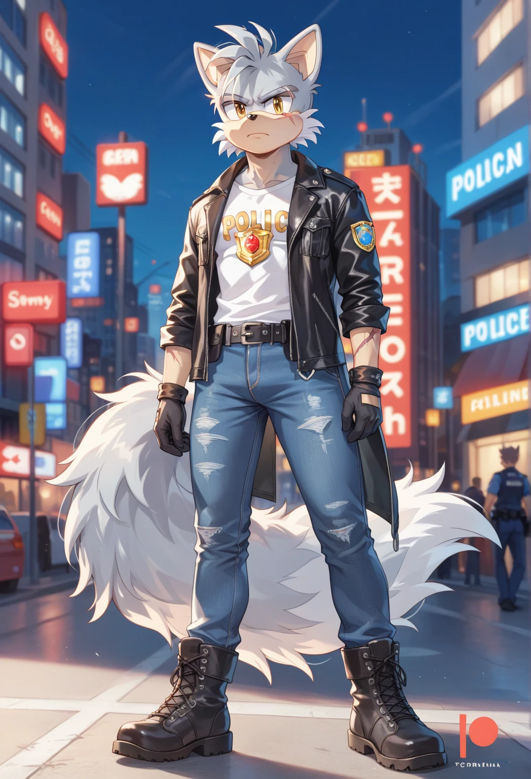 Male Wolf, ((Sonic character oc )), Masculine adult, ( silver fur in all body ), ( light gray inner ears ), (Alone), ( Short wild and messy hair ), City, scar near the left eye that crosses the left eye diagonally, wears a white T-shirt, closed black leather jacket, black gloves with cut toes Jeans and boots, yellow Eyes, Day time, ((mobian)), moebius, (Fluffy Fur), Large Fluffy Tail, serious and sexy pose, Secret Agent Police (Mobian Police Logo)