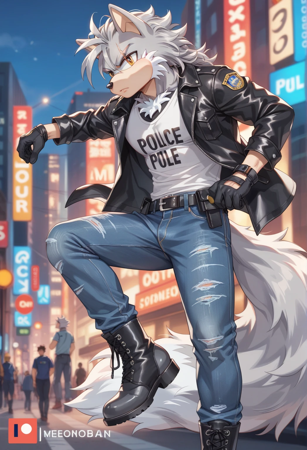 Male Wolf, ((Sonic character oc )), Masculine adult, ( silver fur in all body ), ( light gray inner ears ), (Alone), ( Short wild and messy hair ), City, scar near the left eye that crosses the left eye diagonally, wears a white T-shirt, closed black leather jacket, black gloves with cut toes Jeans and boots, yellow Eyes, Day time, ((mobian)), moebius, (Fluffy Fur), Large Fluffy Tail, serious and sexy pose, Secret Agent Police (Mobian Police Logo)