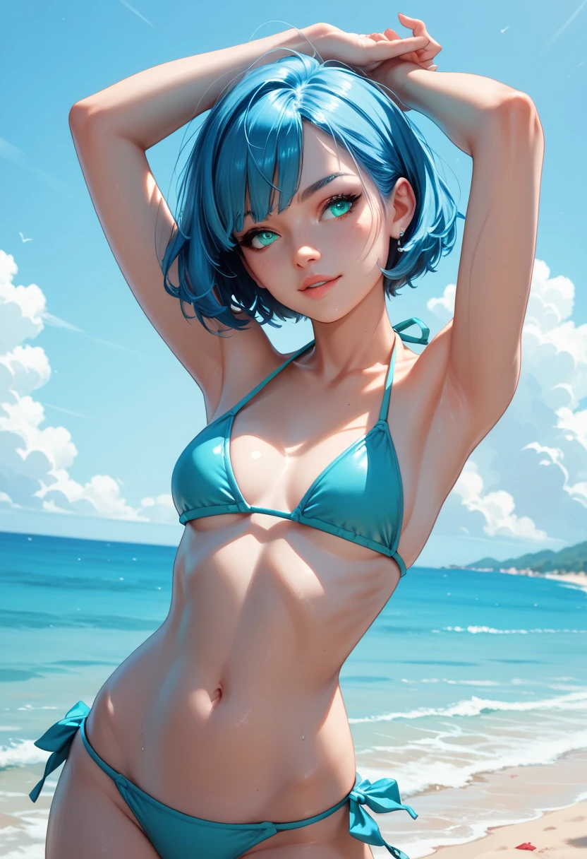 best image quality、highest quality、8K、Upper body、swimsuit、thighs、light blue hair、bob hair、blue eyes、starry sky、beautiful eyes、stomach、Navel
