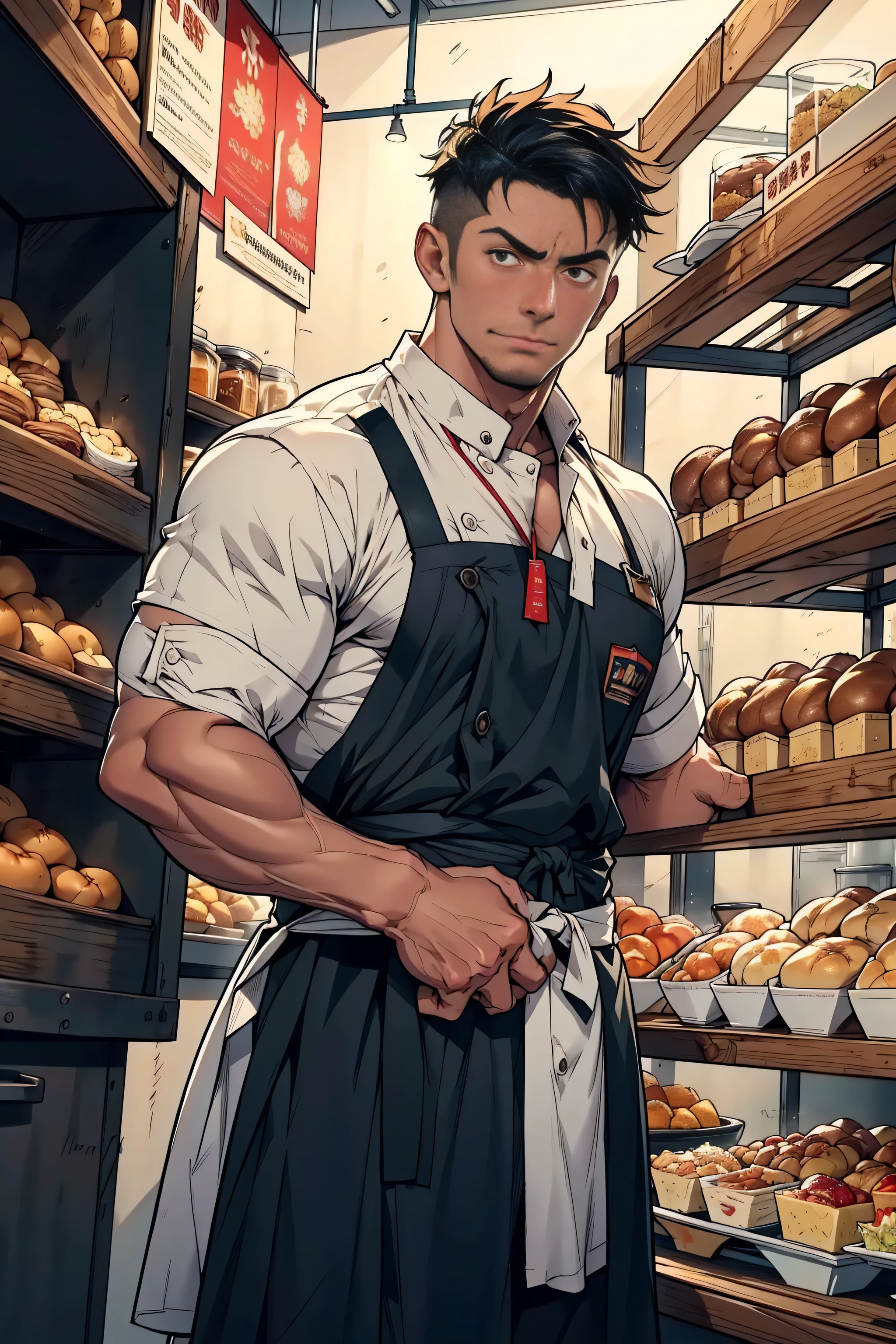 Chest-up shot,(( best quality)), ((masterpiece)), ( Details),  perfect face, high definition,masterpiece,4K, 1 macho man ,Japanese male who is musical,  stands in front of the bakery and dessert display、 wears chef clothes, chef&#39;s coat,chef,Bright hair ,  short curl hair ,  tanned skin, Skin becomes darker,  crew cut, Stubble,  maid outfit ,  is sexy and charming ,  at the coffee shop, Muscular,   handsome face,  brightly repairs ，The man is full of confidence 、 has a determined expression , Steroid Muscle,強いchef