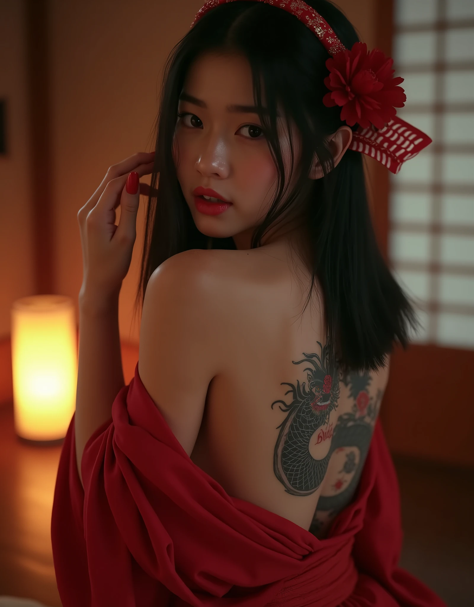 （8k, Highest quality, masterpiece:1.2),(Highest quality:1.0),Edo Period、Ninja House、Cute Japanese Ninja、Black Hair、Green Eyes、Completely naked、tattoo、Moonlit Night、man woman,share