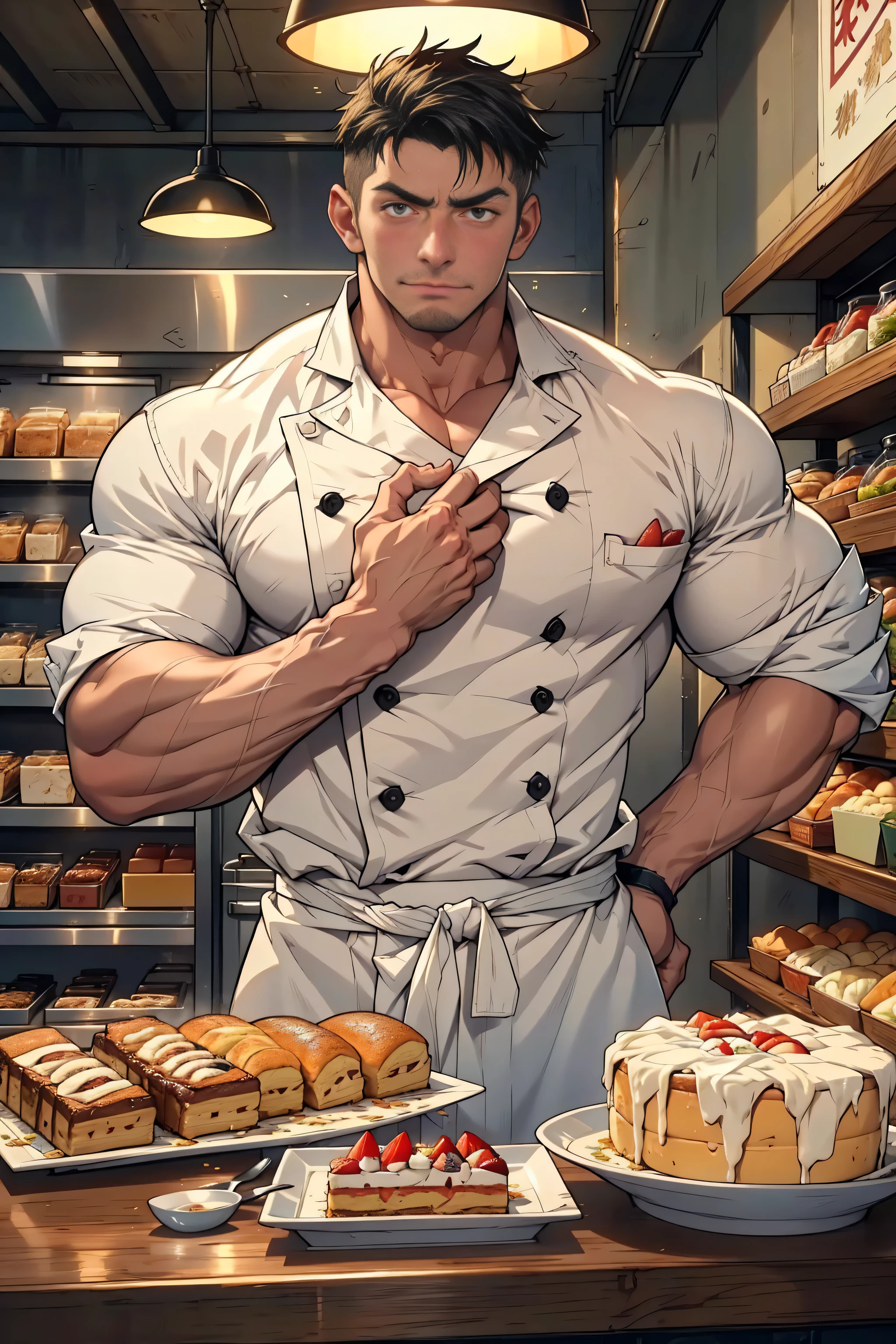 Chest-up shot,(( best quality)), ((masterpiece)), ( Details),  perfect face, high definition,masterpiece,4K, 1 macho man ,Japanese male who is musical,  stands in front of the bakery and dessert display、 wears chef clothes, chef&#39;s coat,chef,Bright hair ,  short curl hair ,  tanned skin, Skin becomes darker,  crew cut, Stubble,  maid outfit ,  is sexy and charming ,  at the coffee shop, Muscular,   handsome face,  brightly repairs ，The man is full of confidence 、 has a determined expression , Steroid Muscle,強いchef