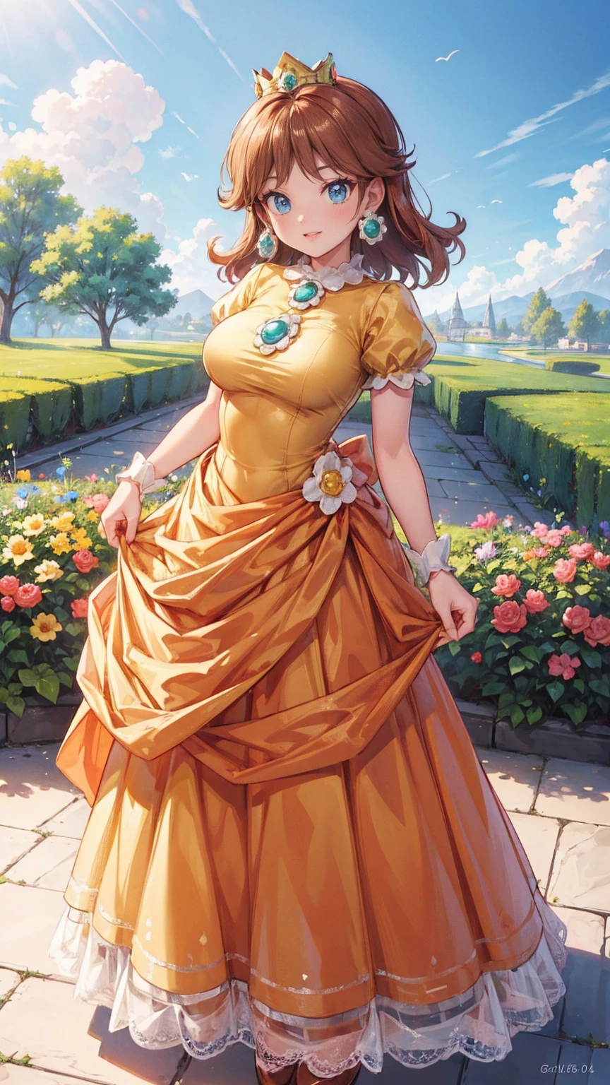 ((((masterpiece, best quality ,Ultra delicate, perfect face,detailed face,Detailed eyes,16k,high resolution,solo)))),Princess daisy super mario, brown hair, blue eyes, short products hair, gold princess crown, flower earrings, yellow long dress, puffy short sleeves, flower brooch, smile, flower garden, sky, cloudy sky, anime waifu style,full body shot,large breasts