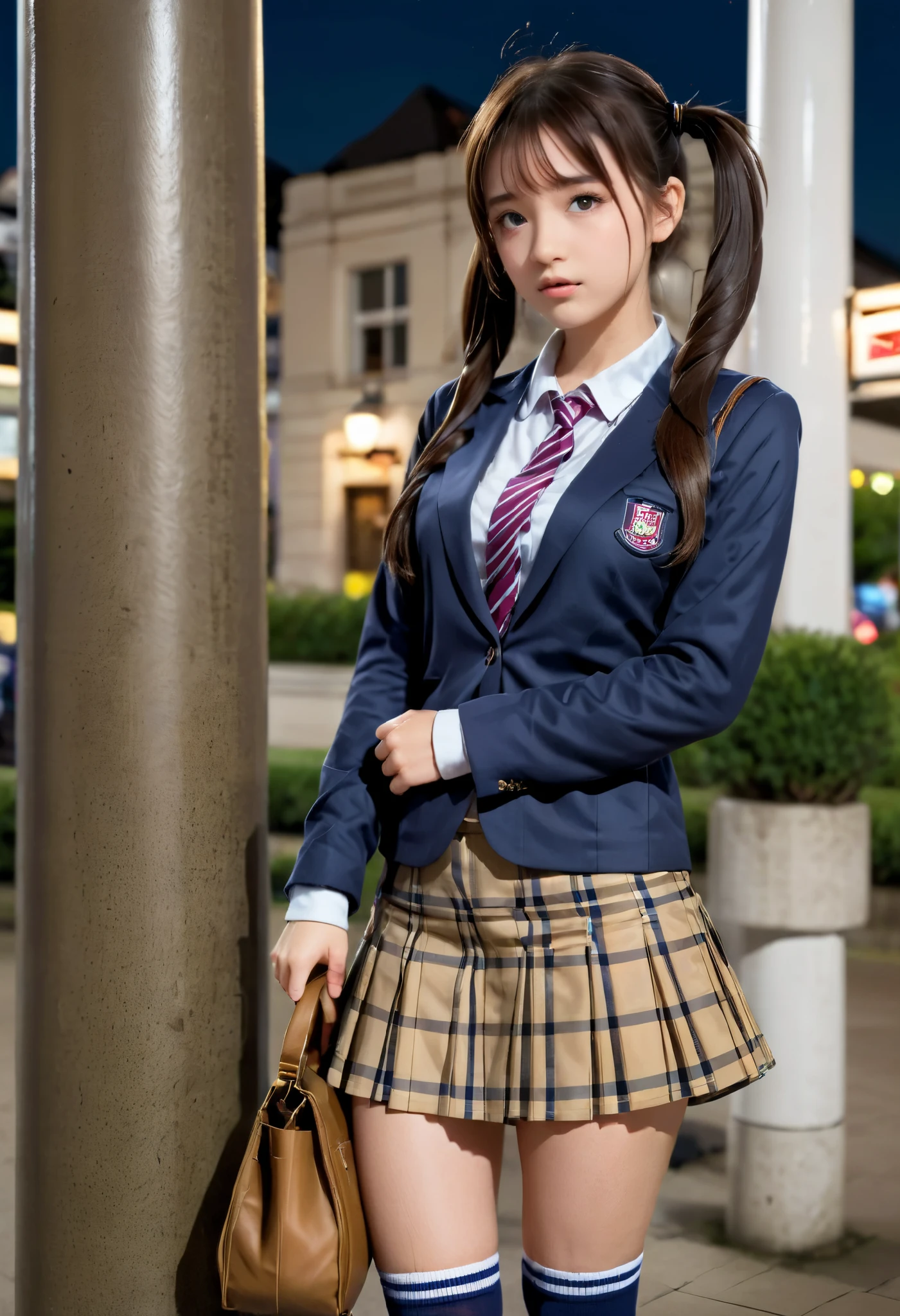 1girl,solo,twintails,school uniform,blazer,checkered skirt,miniskirt,loose socks,pumps,round toes,tote bag,station square,stand leaning against a pillar,bored,operating smartphone,night,depth of field,masterpiece,best quality,bokeh,very aesthetic,absurdres,realistic,face