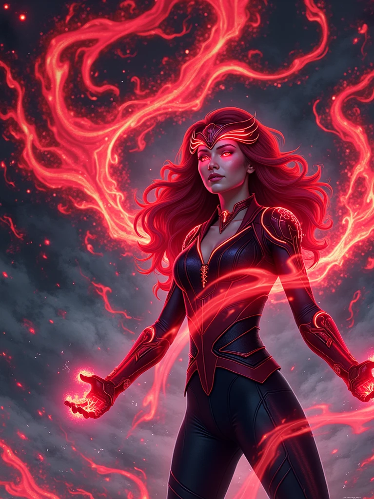 Masterpice, the nefarious, gorgeous, redhead Female Supervillain Queen in (the City Center), (blown away heavy metal hairstyle), levitate in the air, well designed ornatrd costume, showing off power, thunder and lightning, powerfull orb of power, detailed face, detailed body, detailed hair, perfect anatomy, insanely detailed and intricate, ultra sharp focus, ultra high definition, cinematic, volumetric lighting, professional color grading, Art by ArtGerm, Greg Rutkowski