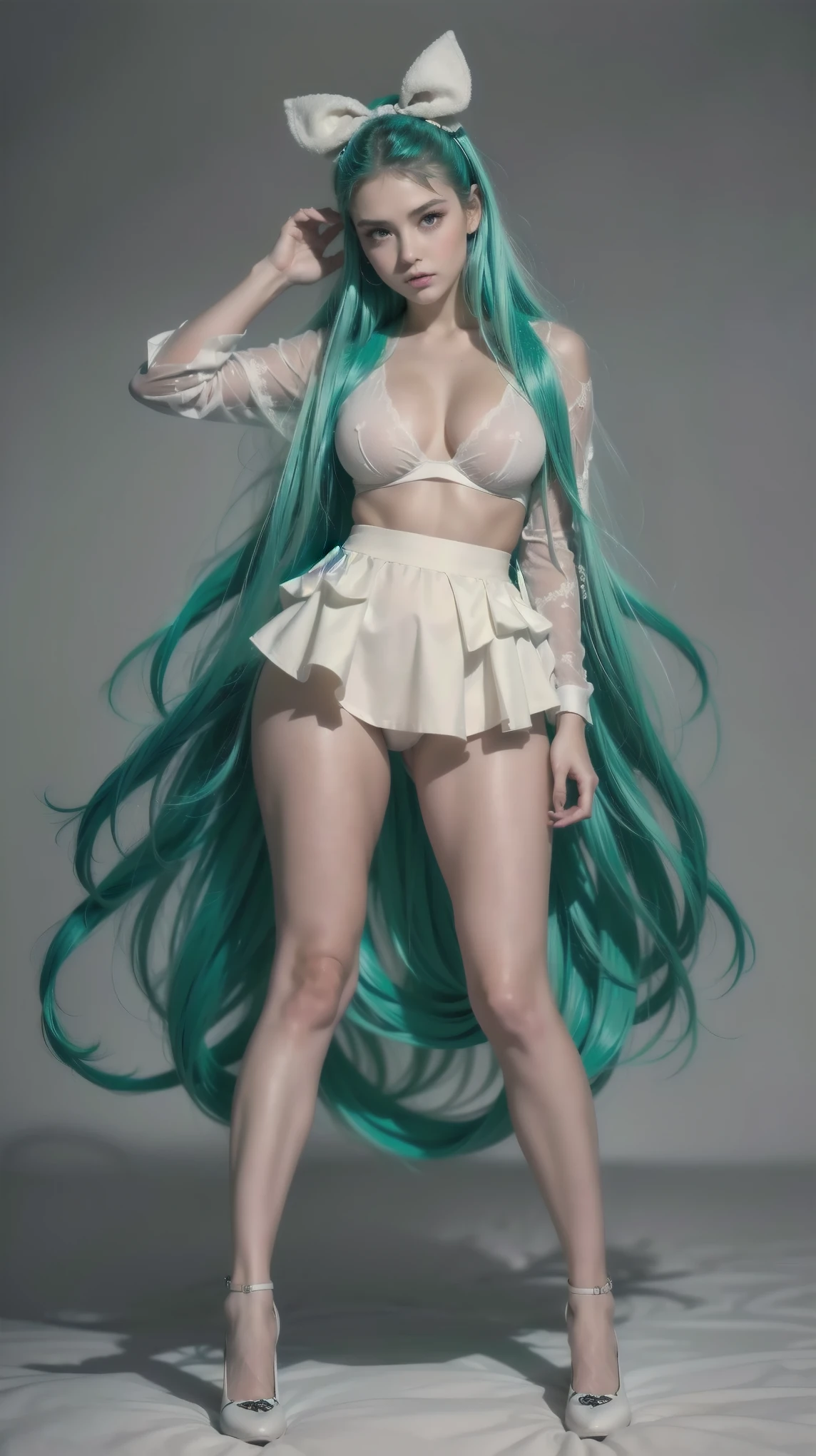 (masterpiece), ( high quality ), (The ultra-detailed), (  full body Esbian  :1.2), {low angles},  plain background, 1 in, Alone,  The upper body , far away curly hair,  Music costumes , Pompadour Skirt,  Skinny and pretty vest , Lace shirt, Bubble sleeve , Pastries, ribbon bow, chess,  green hair, headphones, far away, Standing microphone, ( beautiful and detailed face ), ( beautiful and detailed eyes ), {{ Raise the skirt yourself }}, {{{ Crunchy lace panties }}}, {{{ Panties look gorgeous }}}, {{ transparent panties }}, {{{  Pants that penetrate the groin }}}, {{{distinctｵﾏﾝｺ}}},  camel toe , {{ｵﾏﾝｺ I can see }}, body proportions, (Chapped lips:1.4), (blush de nariz:1.2), foreshortening, black cuts, (eye contact), High contrast, ultra high resolution, high resolution, detailed, Clean face,  ( sexy face :1.5), (big purple eyes:1.2), ( Ultra-detailed eyes :1.4), ( High-resolution eyes :1.1), ( ultra detailed skin texture :1.4), PERSEPHONE, Persephone, Persephone, (SFW:1.5),  (full body:1.8), (upper body up:0.3), (hyper realistic:1.4), (realistic:1.3), (best quality real texture skin), Detailed eyes, detailed face,
