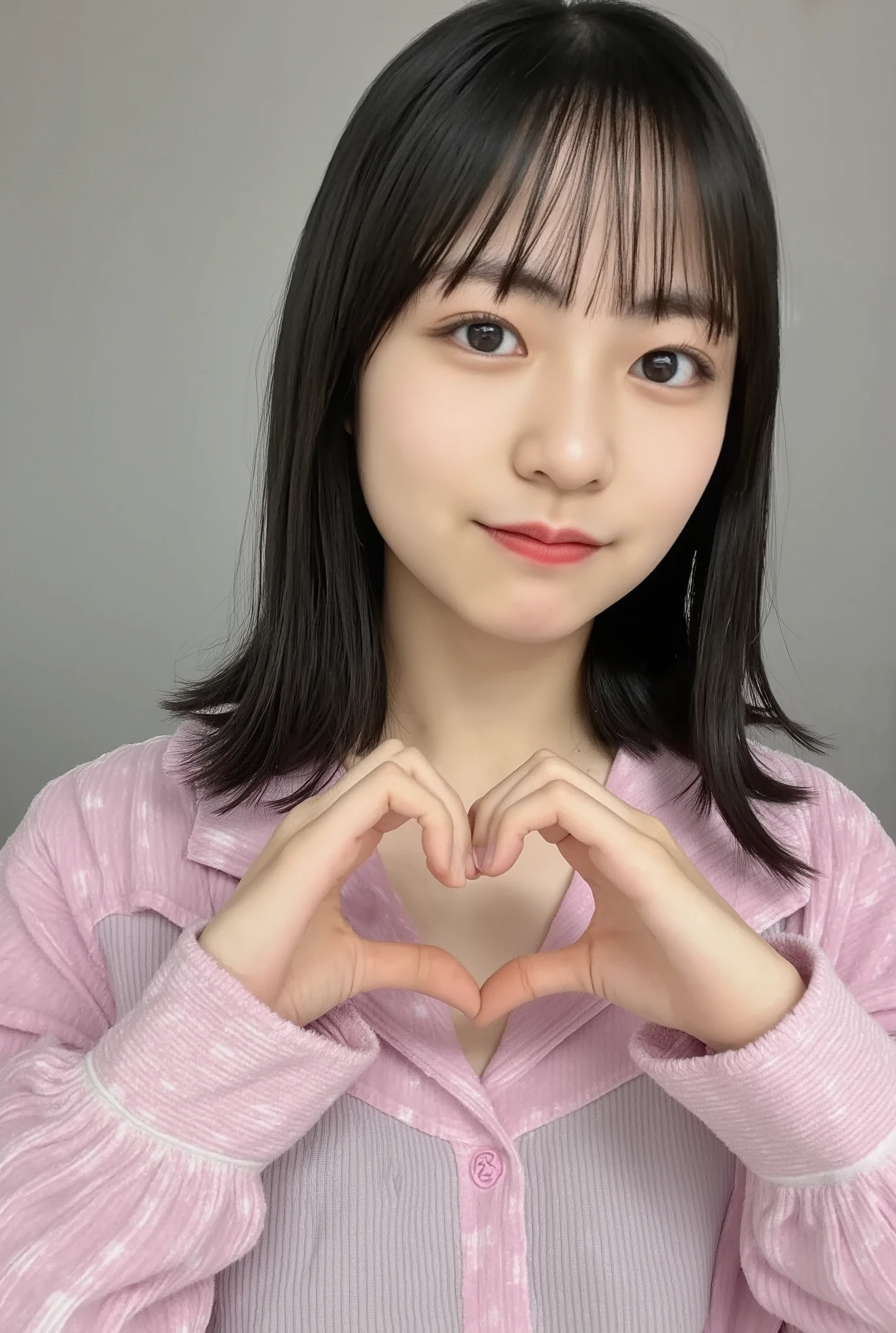 Only one smiling woman poses wearing cute pajamas with only her shoulders exposed, making a firm big heart shape with both hands, and holding them in front of her chest, View above collarbone、The background is a monotone 、
