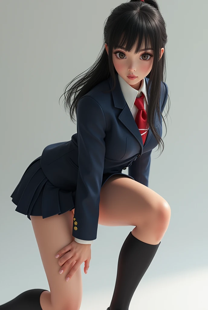 1girl, showing off legs, hair, jewelry, lips, long hair, looking at viewer, nail polish, necklace, skirt, uniform, shoes, sitting, solo
