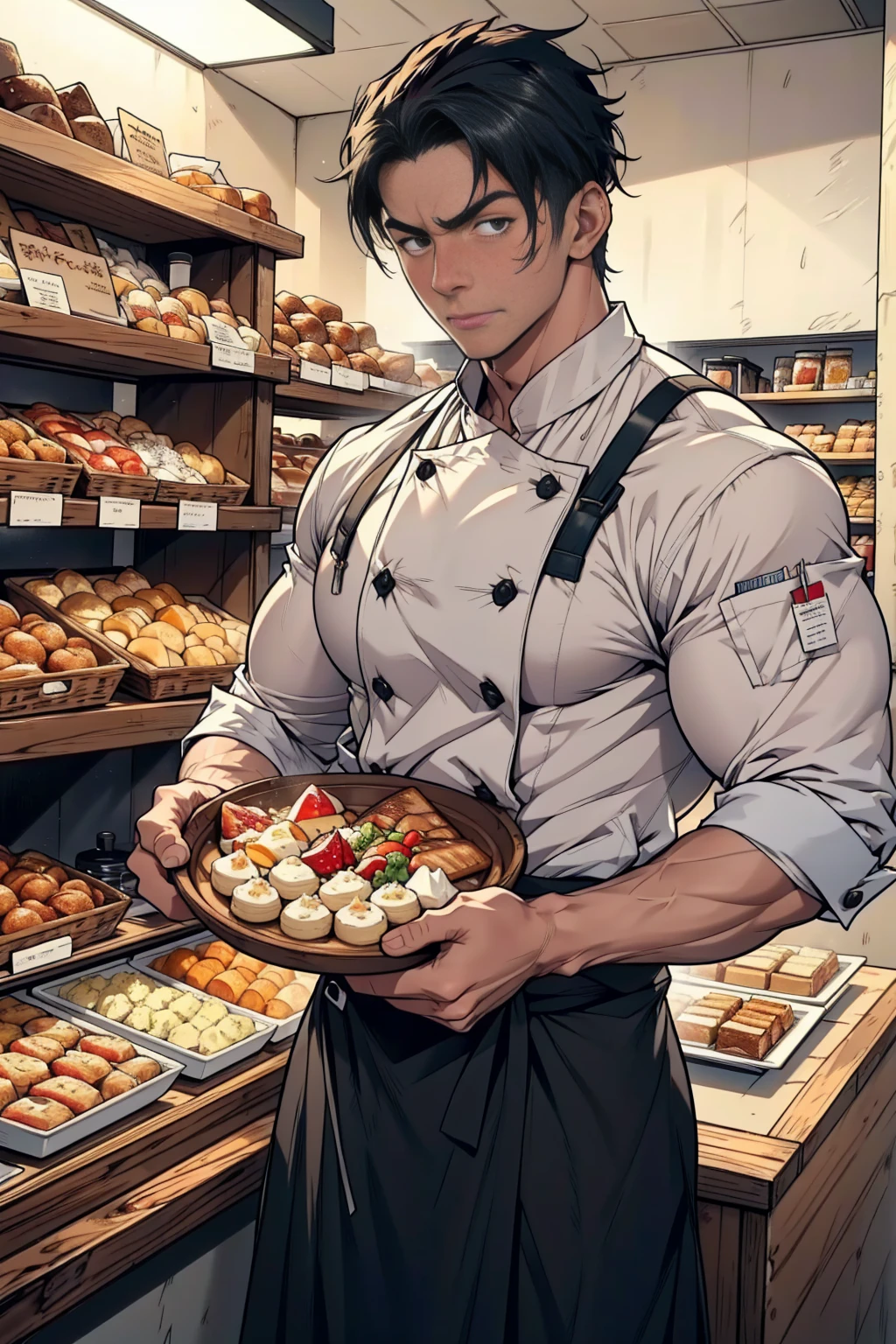 Chest-up shot,(( best quality)), ((masterpiece)), ( Details),  perfect face, high definition,masterpiece,4K, 1 macho man ,Muscularな日本人男性,  stands in front of the bakery and dessert display、 wearing chef's clothes , Chef&#39;s coat,Chef,Bright hair ,  short curl hair ,  tanned skin, Skin becomes darker,  crew cut, Stubble,  maid outfit ,  is sexy and charming ,  at the coffee shop, Muscular,   handsome face,  brightly repairs ，The man is full of confidence 、 has a determined expression , Steroid Muscle,強いChef