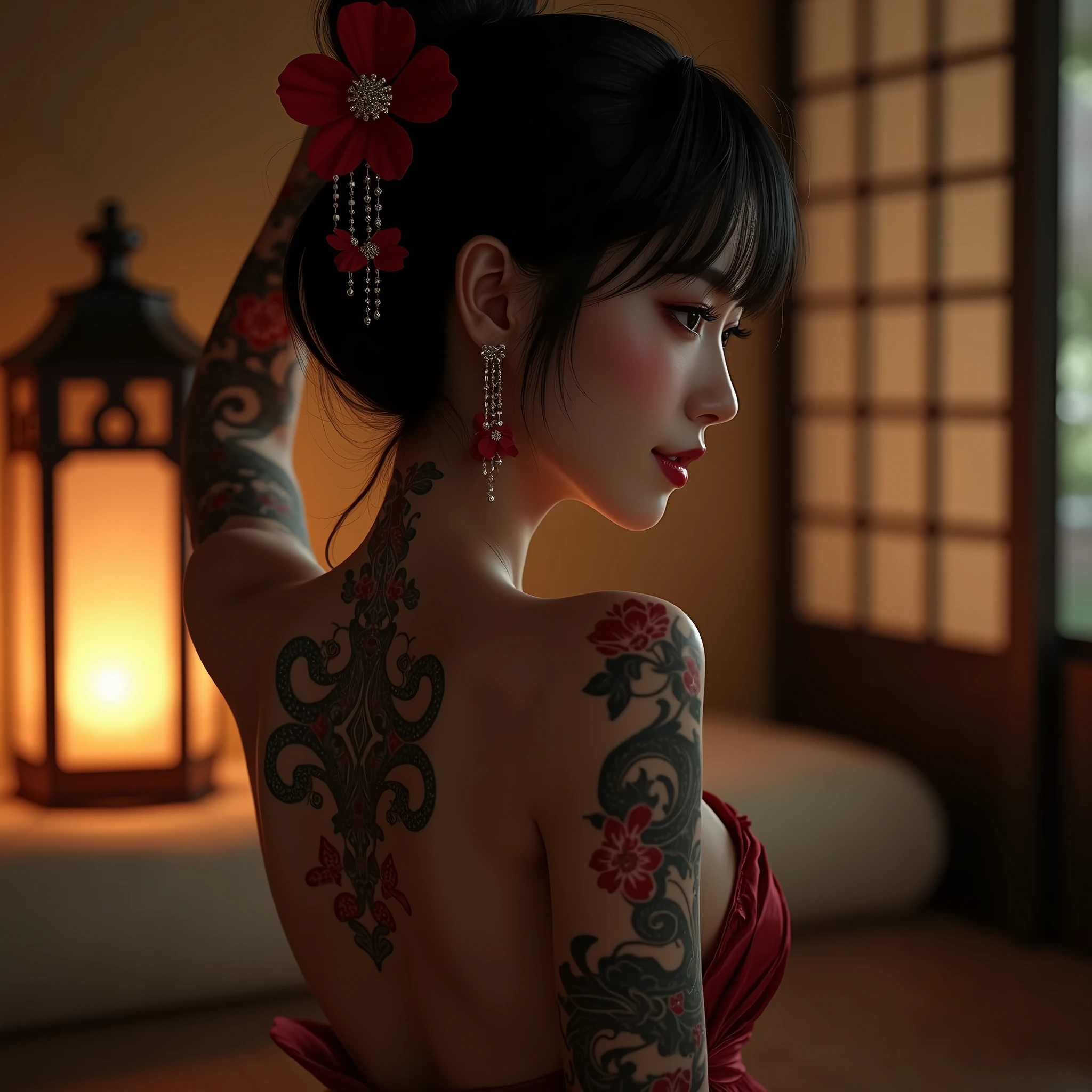 exposed geisha girl, tattooed back, cinematic atmosphere, —ar 9:16
--test --creative --upbeta
