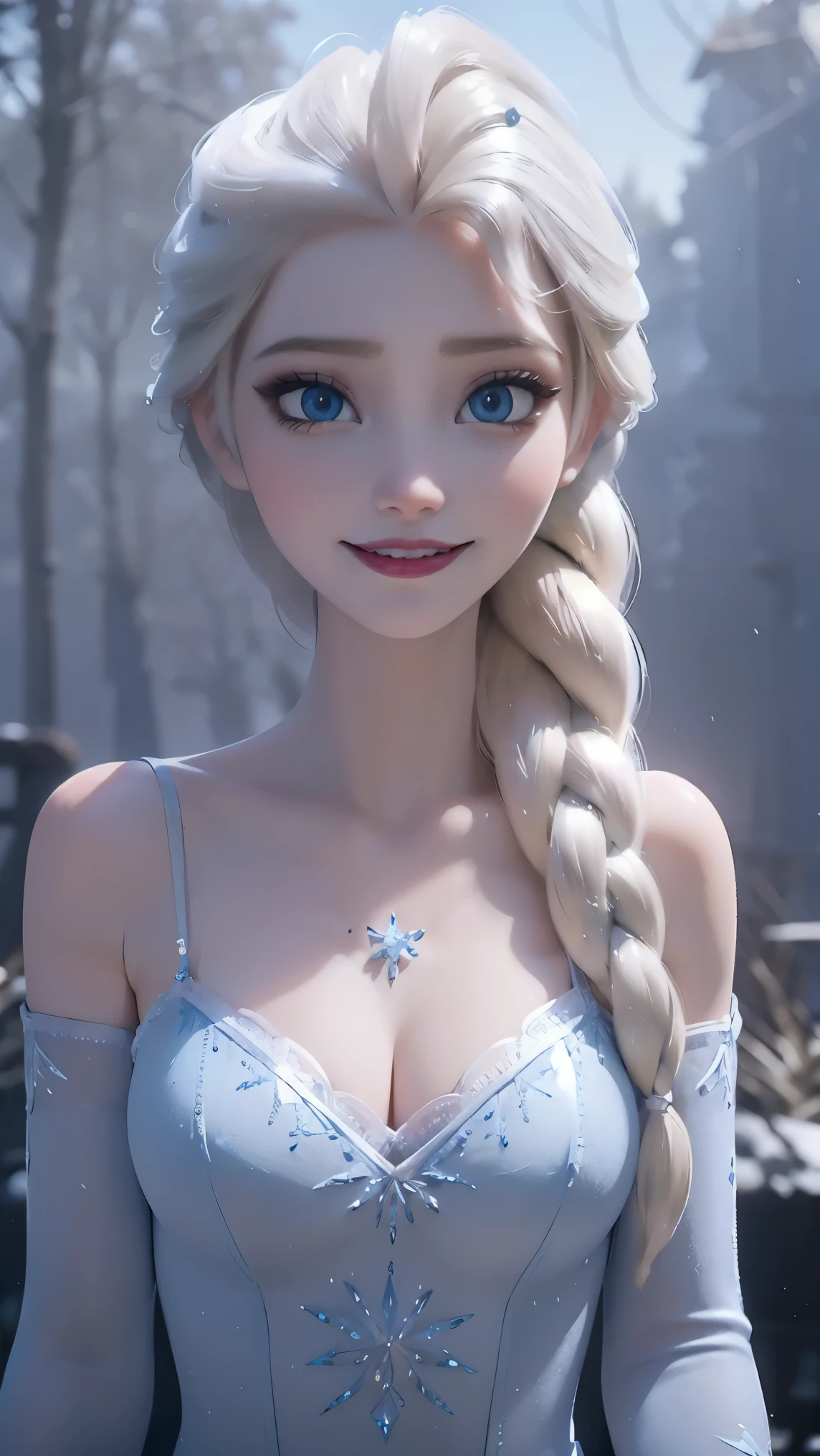 Elsa da frozen,(best qualityer,4K,8k,high resolution,work of art:1.2)(weather: winter), Mondstadt forest background, ice castle bedroom, freckles, long crystal sleeveless lingerie leotard, lingerie babydoll, garter belt, white stockings, barefoot, white elbow long gloves, snowflake embroidery, long braided hair, white hair, purple eyeshadow, ultra detailed, realistic,portraite,beautiful detailed blue eyes, glowing eyes,blush,beautiful detailed lips,extremely detailed eye and face, long eyelashes,sexly,average, large breasts,beaming smile, sexy smile,powerful girl, sexy pose, stunning curves,bright coloured,dramatic lighting, lying on a bed,