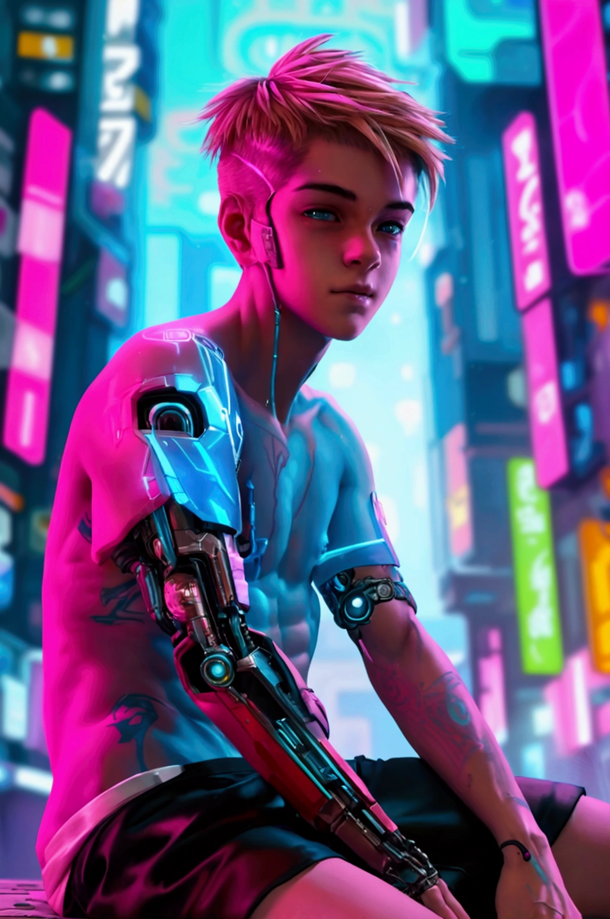 ((full-body shirtless photo of a young  male cute boyish imature (((Shirtless))) 18yo cyberpunk teenager)), cyberpunk technology beautifully implanted in his arm, Innocent face, innocent expression, ((barechested cyberpunk netrunner boy)), super skinny, blond, handsome, cute handsome boyish face, only wearing a super tight cyberpunk shorts. hyperrealism photo. Full-body male focus. (Focus on male cuteness.)  Perfect anatomical proportions. Sitting casually  for his photograph in front of an intricately designed cyberpunk  mega-structure  with many intricate cyberpunk holographic advertisements and details. Exciting  cyberpunk Metropolitan setting. Perfect face. 1 tattoo and a glowing cyberpunk implant on his arm. ((Not muscular)) no shirt