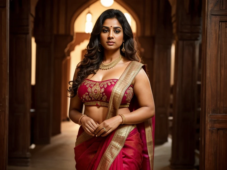 (1woman:1.5),(solo photoshoot :1.3),A realistic photograph of proud one Indian woman who is extremely tall and voluptuous,(single person in image:1.5),standing like a model posing, Indian core village,deep village vibe,( realistic fingers), Lifelike skin texture, detailed skin, (extremely detailed image:1.3),(life like quality:1.2), embroidery sheer sari, (realistic multiple colours in sari), detailed cloth,plump figure, muscular fit body,(exposed strapless blouse), (single woman fits in whole photo ),(Full body:1.1),(religious woman:1.3),(realistic curly hair),(long hair:1.3),