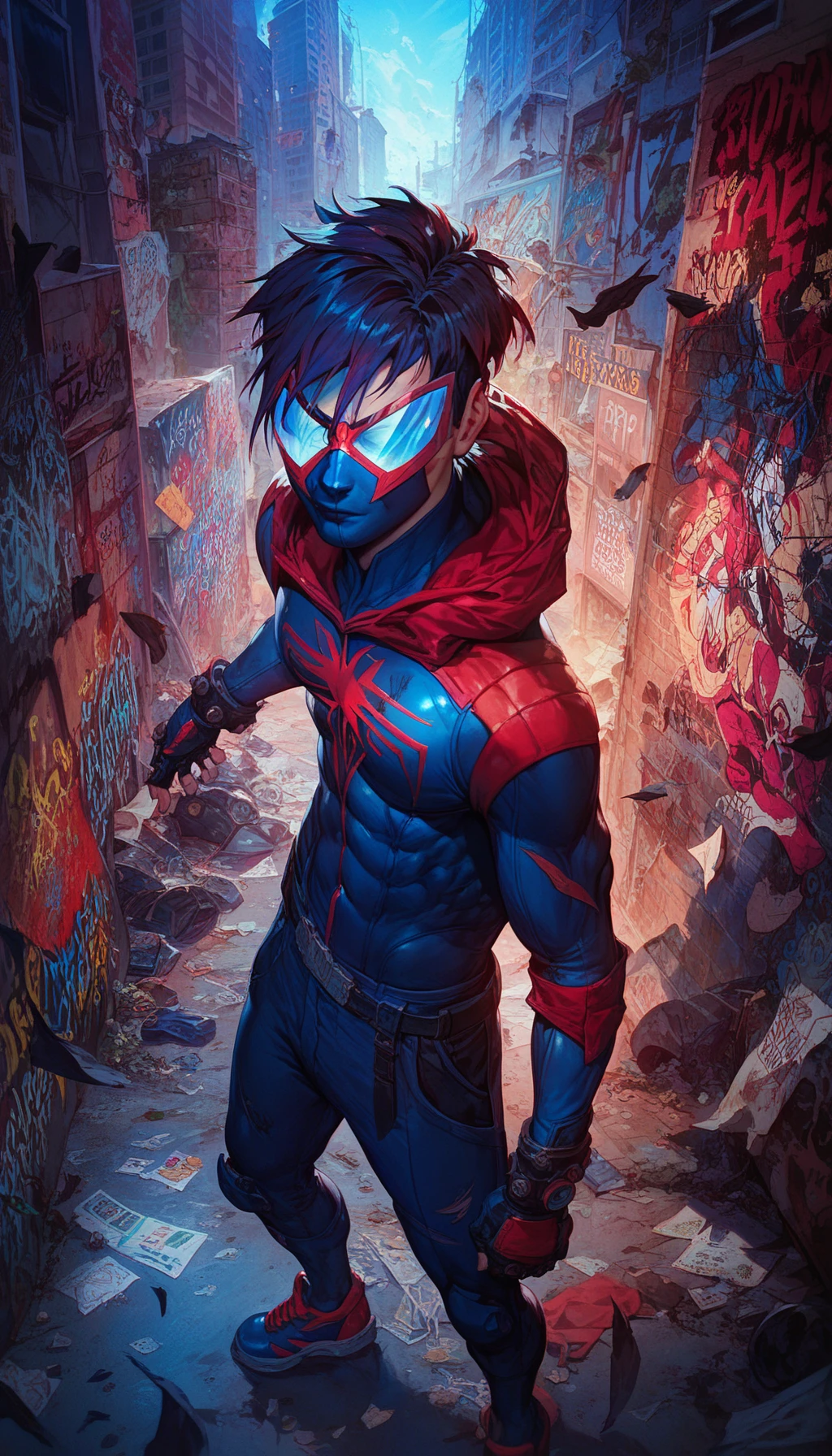 A battle-scarred superhero in a black and blue spider-themed suit, his posture strong and confident, standing in a dystopian cityscape covered in urban decay, layers of graffiti and faded posters behind him, cool tones, cinematic shadows, intense focus on details