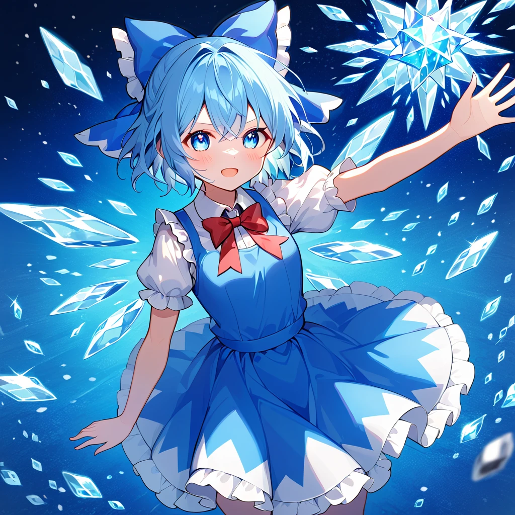 (((((danmaku))))), ((small elongated bullets in a precise grid)), Unexpected beauty, memorable masterpieces, 1 girl, Cirno, light blue hair, short hair, blue hair bow, blue dress, white sleeves, short sleeves, red bow tie, ice wings. She is shown casting "Diamond Blizzard," with two large glowing round bullets next to her and a grid of small elongated bullets spreading irregularly. The scene is filled with sparkling ice patterns, capturing the power and elegance of Cirno's attack. Best quality, highly detailed, 8K resolution.