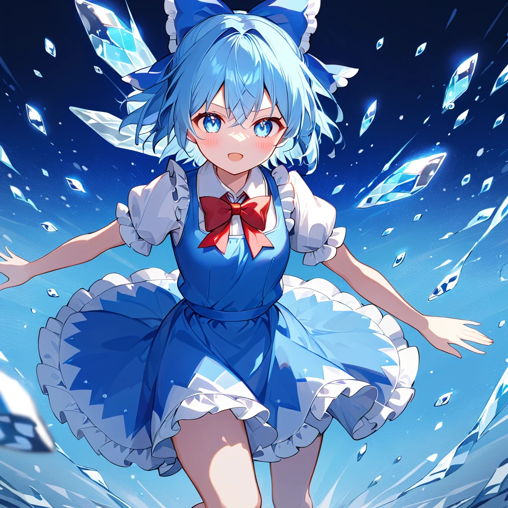 (((((danmaku))))), ((small elongated bullets in a precise grid)), Unexpected beauty, memorable masterpieces, 1 girl, Cirno, light blue hair, short hair, blue hair bow, blue dress, white sleeves, short sleeves, red bow tie, ice wings. She is shown casting "Diamond Blizzard," with two large glowing round bullets next to her and a grid of small elongated bullets spreading irregularly. The scene is filled with sparkling ice patterns, capturing the power and elegance of Cirno's attack. Best quality, highly detailed, 8K resolution.