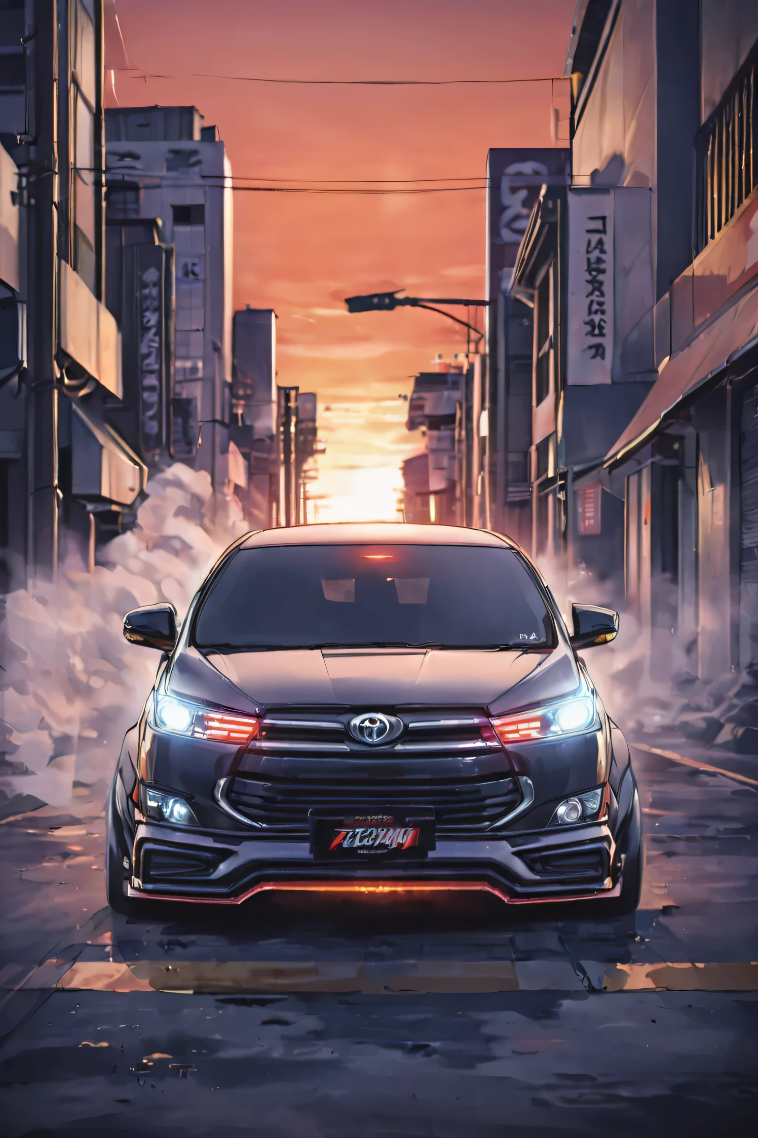 realistic, white Toyota Innova Reborn TRD,cinematic,
cyberpunk (((retro zeekars))) (with glowing eyes), red eyes,drifting,smoke tires, sunset in japan, black tone color