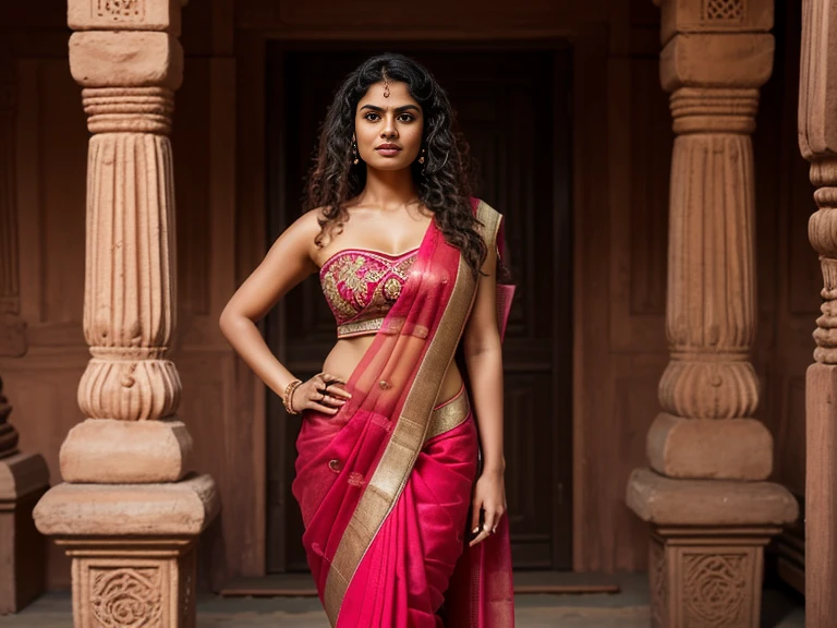 (1woman:1.5),(solo photoshoot :1.3),A realistic photograph of proud one Indian woman who is extremely tall and voluptuous,(single person in image:1.5),standing like a model posing, Indian core village,deep village vibe,( realistic fingers), Lifelike skin texture, detailed skin, (extremely detailed image:1.3),(life like quality:1.2), embroidery sheer sari, (realistic multiple colours in sari), detailed cloth,plump figure, muscular fit body,(exposed strapless blouse), (single woman fits in whole photo ),(Full body:1.1),(religious woman:1.3),(realistic curly hair),(long hair:1.3),