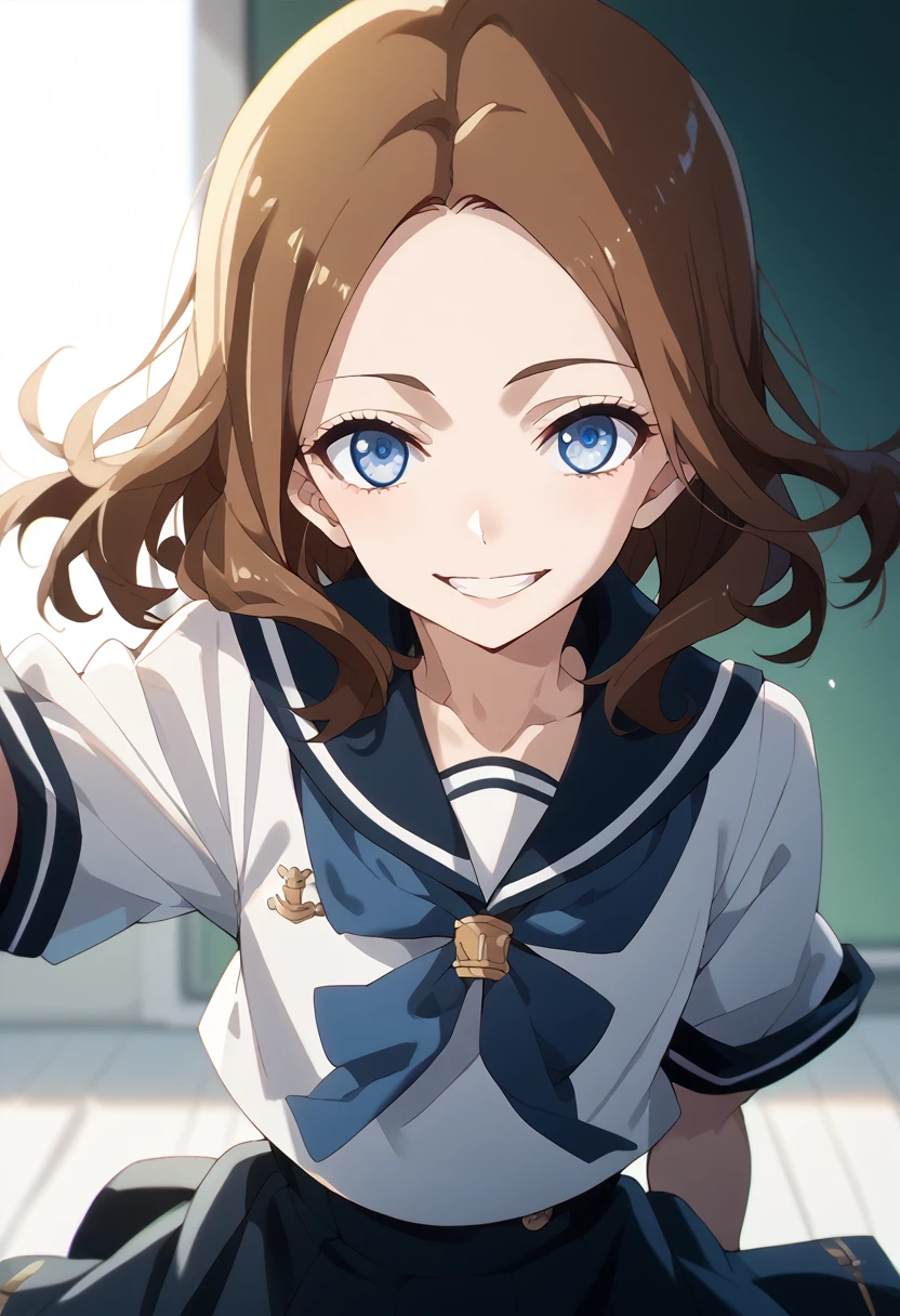 masterpiece, high definition , best quality,8k
( Mr. Takagi who is good at teasing,Twelve year old girl,Brown Hair, blue eyes, is short,straight hair)
(uniform, sailor suit )smile