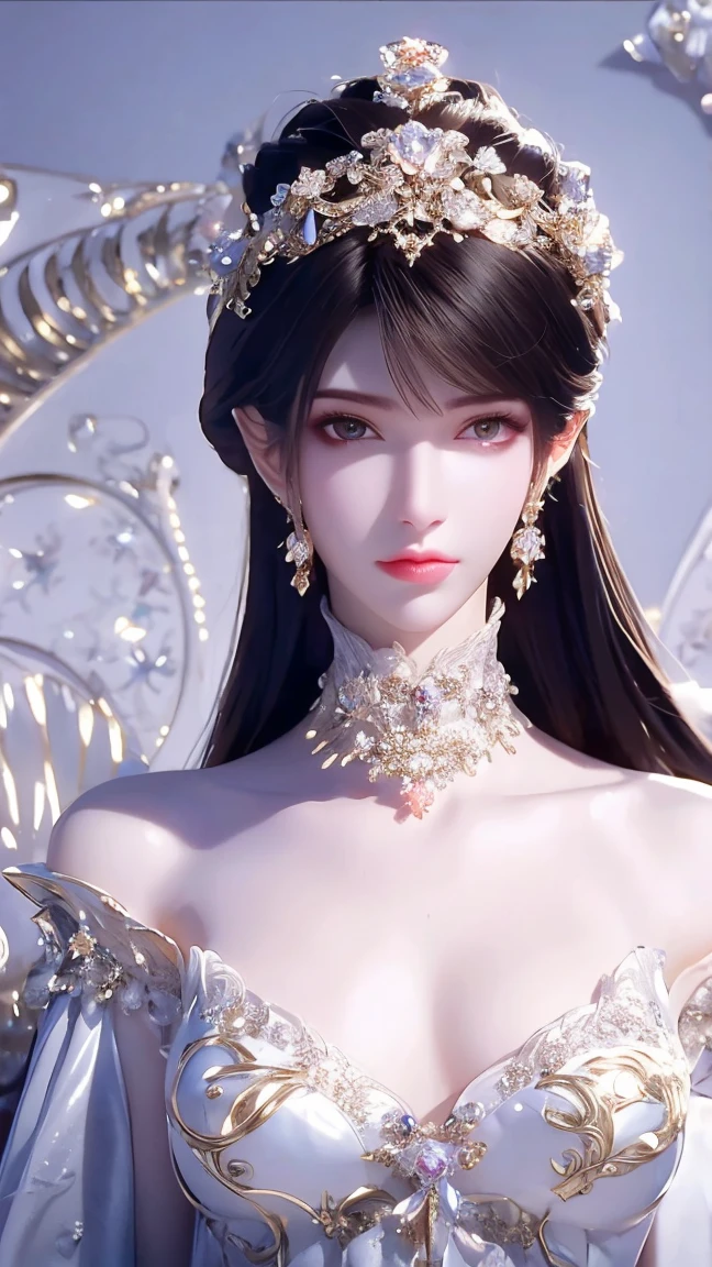  high detail, clear,Fantasy，3d，Anime illustration ， Beautiful Rose Goddess ， Rose Flower Headpiece  ，Bangs, long hair,  forehead pattern ，Big breasts， Wearing Rose Dress，Bright， gold stripe design ， Drop Shoulder ， Textured Skin , 8k Octagonal Rendering, 