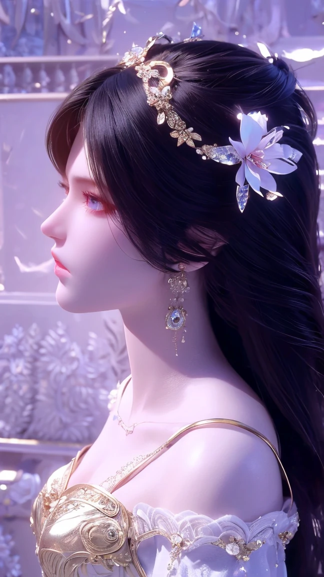  high detail, clear,Fantasy，3d，Anime illustration ， Beautiful Rose Goddess ， Rose Flower Headpiece  ，Bangs, long hair,  forehead pattern ，Big breasts， Wearing Rose Dress，Bright， gold stripe design ， Drop Shoulder ， Textured Skin , 8k Octagonal Rendering, 