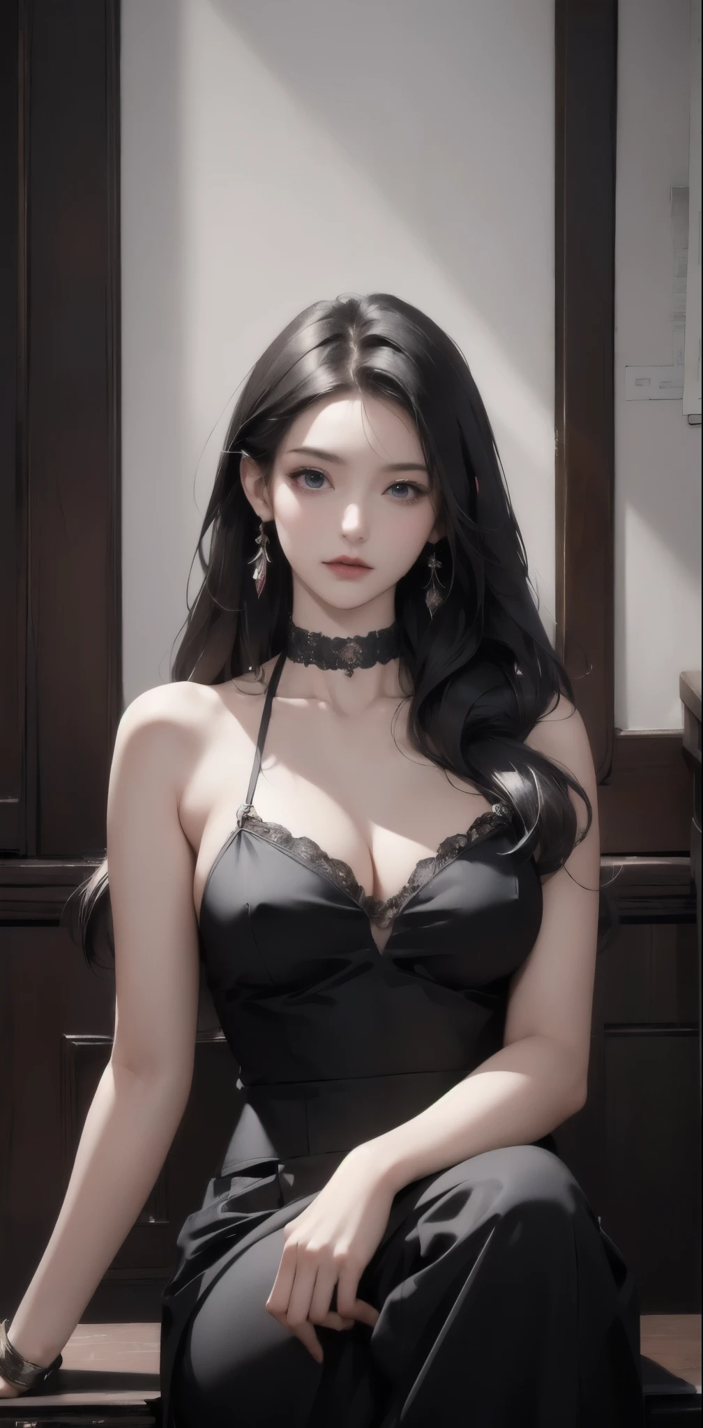 1girl, wearing sexy lace black bra, short skirt, open shirt, long sleeve, detailed face, looking at viewer, straight medium hair, bangs, parted lips, breasts, (gigantic breasts:1.2), clavicle, chain necklace, realistic, candid direct light, (25yo), (medium wide shot:1.2), thighs, (full body:0.6),