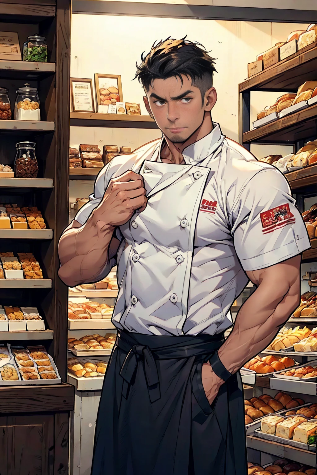 Chest-up shot,(( best quality)), ((masterpiece)), ( Details),  perfect face, high definition,masterpiece,4K, 1 macho man ,Muscularな日本人男性,  stands in front of the bakery and dessert display、 wearing chef's clothes , Chef&#39;s coat,Chef,Bright hair ,  short curl hair ,  tanned skin, Skin becomes darker,  crew cut, Stubble,  maid outfit ,  is sexy and charming ,  at the coffee shop, Muscular,   handsome face,  brightly repairs ，The man is full of confidence 、 has a determined expression , Big body like a bodybuilder ,Amazing muscles,Steroid Muscle,強いChef