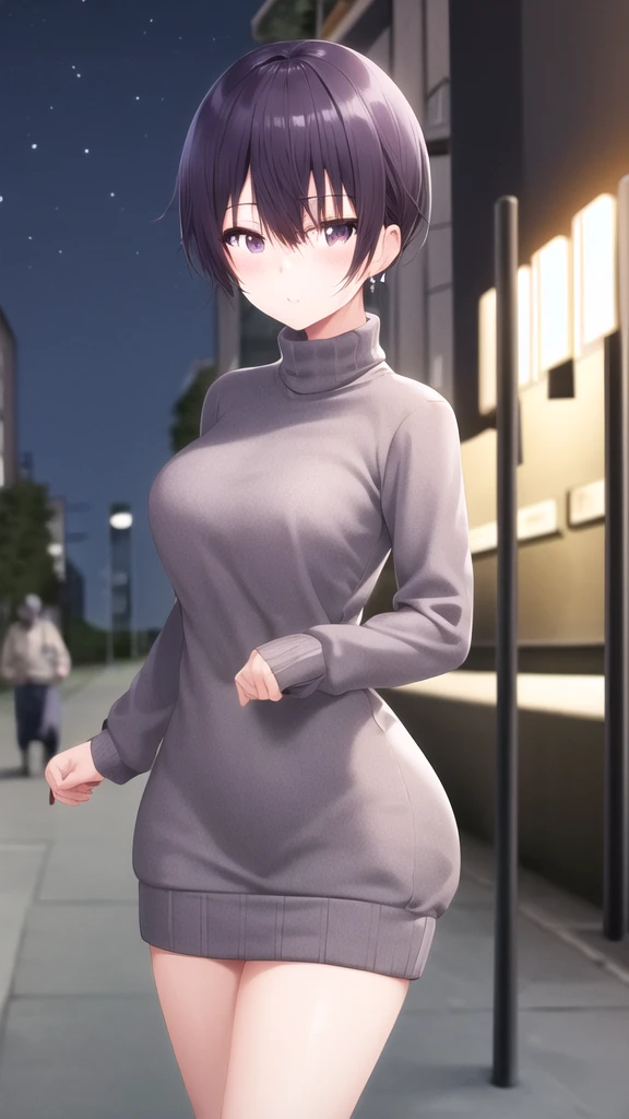 masterpiece, best quality, girl, solo, looking at viewer, amane_fujimiya, large breasts, sweater dress, long sleeves, turtleneck, outdoors, street, standing, cowboy shot, night