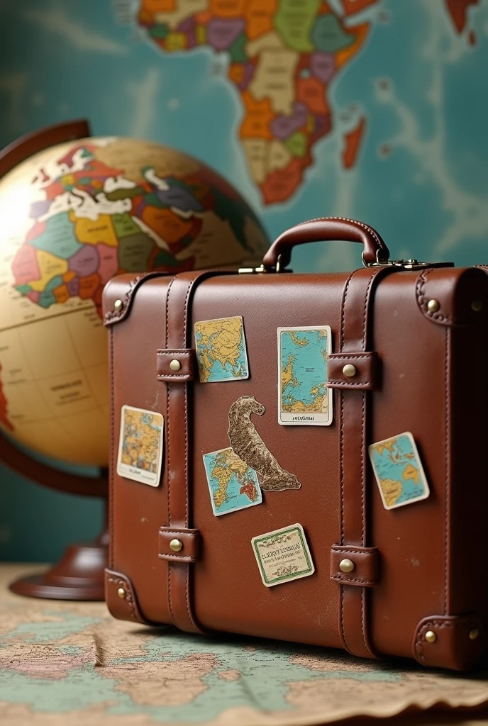 Realistic compass photo with world map and images of world tourist cities, Backpack and watermark paths. The compass should be on the left side of the image.