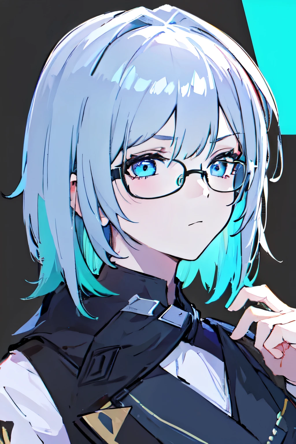 masterpiece, best quality, highres, portrait, 1girl, green pastel hair, short hair, ellen joe, topaz, glasses, blue eyes, blue eyeliner, scarf, black hood