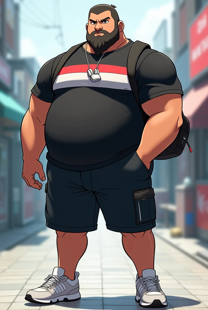 masterpiece,top-quality, 8k, nsfw, Japanese, , handsome, fully body, A fat man stand at park, bodybuilder, thick body, nerdy, short legs, Bowleg, Bare legs, Shirtless, Shy, bara, huge pecs, chubby, thick arm, Blackhair man, Man with big face, Round face