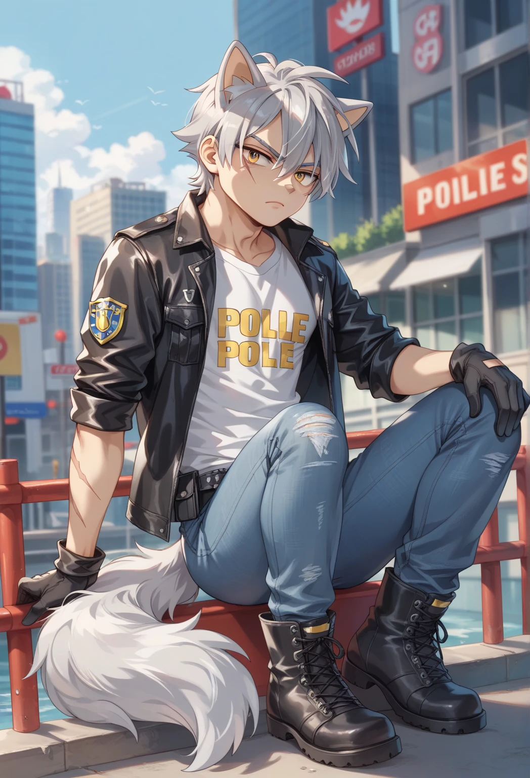 Male Wolf, ((Character Sonic oc  )), Adult male, (  silver hair all over his body   ), (  light gray inner ears  ), (alone), (   short hair,  wild and messy   ), city,   scar near the left eye that crosses the left eye diagonally, He is wearing a white t-shirt,   closed black leather jacket  ,   black gloves with cut toe Jeans and boots  ,  yellow eyes, Time of day, ((mobian)), moebius, (Soft fur), Big fluffy tail, Serious and sexy pose,  Secret Agent Police   ( Mobian police logo  )