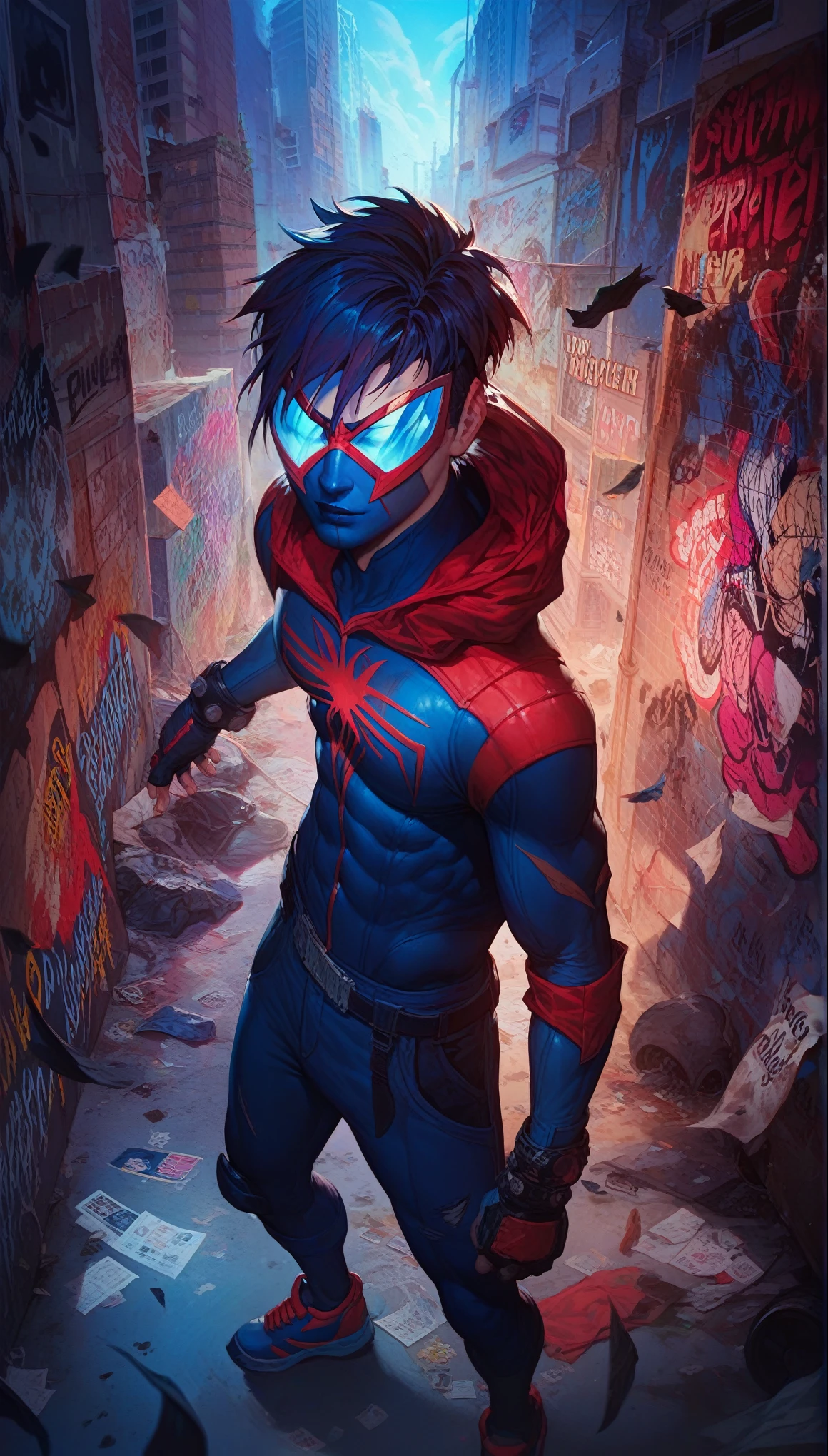 A battle-scarred superhero in a black and blue spider-themed suit, his posture strong and confident, standing in a dystopian cityscape covered in urban decay, layers of graffiti and faded posters behind him, cool tones, cinematic shadows, intense focus on details