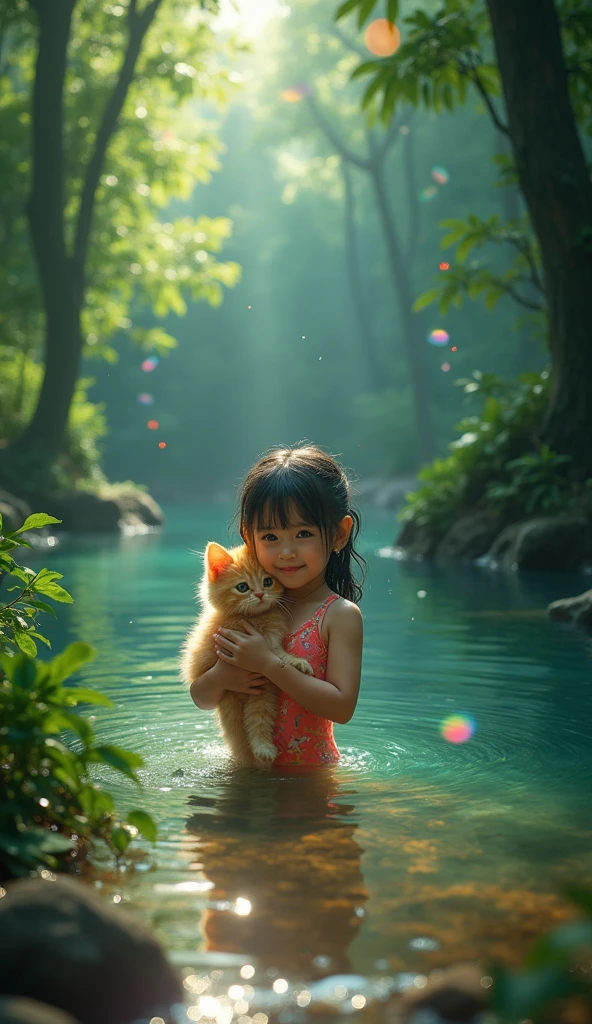 oil painting style,a four years old pretty girl and a four years old lovely boy swimming in the lake in naked,a cute kitty in the grass and play,house,river,a plane is on the blue sky,summer hoildays,happy life,2k