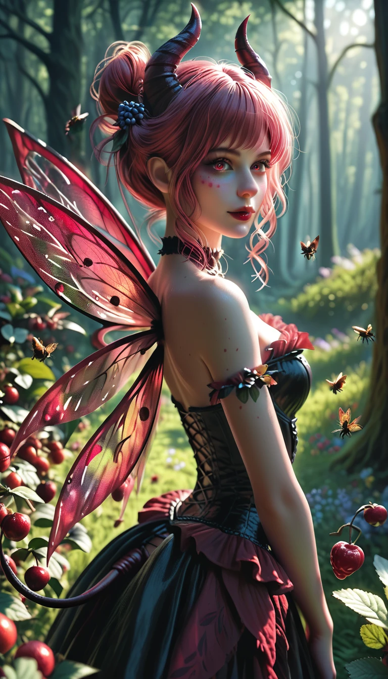 Realistic, (1girl)(solo)(gothic fairy)(demon horns)(demon tail)(dark insect wings)(back view)(dark night)(dark forest)(flying on dark fantasy forest)(glowing flowers)(wide view)(perfect hand)(expressive eyes)(perfect face)((Masterpiece))((best quality))(Score_9, score_8, score_7_up)(8k)(anatomy correct)(perfect anatomy)(ultra details)Cranberry, demon girl, cranberry clothes, cranberry hair, cranberry skin, cranberry wings, cranberry tail,  Gothic face, cranberry background,