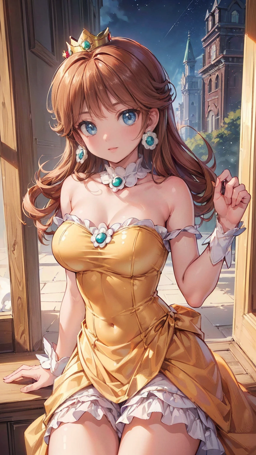 ((((masterpiece, best quality ,Ultra delicate, perfect face,detailed face,Detailed eyes,16k,high resolution,solo)))),Princess daisy super mario, brown hair, blue eyes, short products hair, gold princess crown, santa costume, anime waifu style,full body shot,large breasts