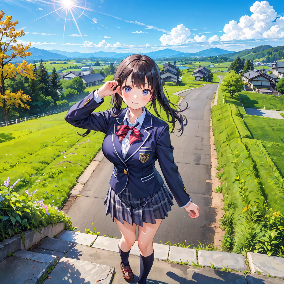 (((Masterpiece, 16k, Highest quality, Ultra-high resolution, Depth of subject))), ((Very detailed, Japanese countryside scenery, autumn leaves)), (((High school girl in blazer uniform, friend, 3 people, skirt, Big Breasts, Very beautiful and detailed girl, Accurate body structure, Accurate body movements, Very detailedボディ))), While chatting, Very cute smile, On the way home, 3pm, Peaceful scenery, Warm sunshine, Very accurate perspective, Super Wide View