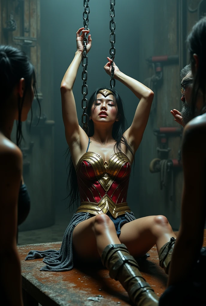 Wonder Woman (sit in chair), spread leg, tied up by thugs, (crowded), (mans in background try to tied her:1.2), tied up, (Wonder Woman with skirt:1.3), (Restrained:1.5), BDSM, (two man tied her up:1.2), (long shot angle) , (dress up) , unnaked, (ropes all over body), (eyes up), (painful), head down,