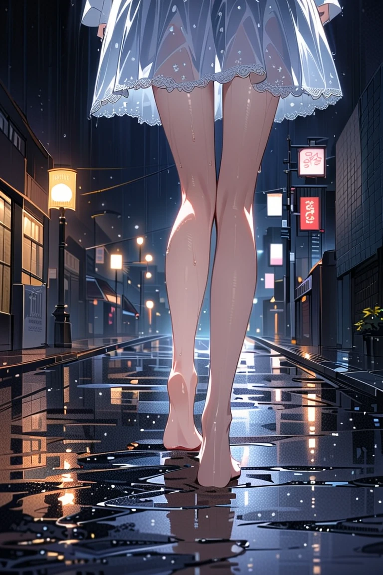 A woman walking barefoot on a dark,rainy night street,close-up of her wet feet,with a cat walking alongside her,reflections of street lights on the wet pavement,gloomy atmosphere,intricate details of raindrops