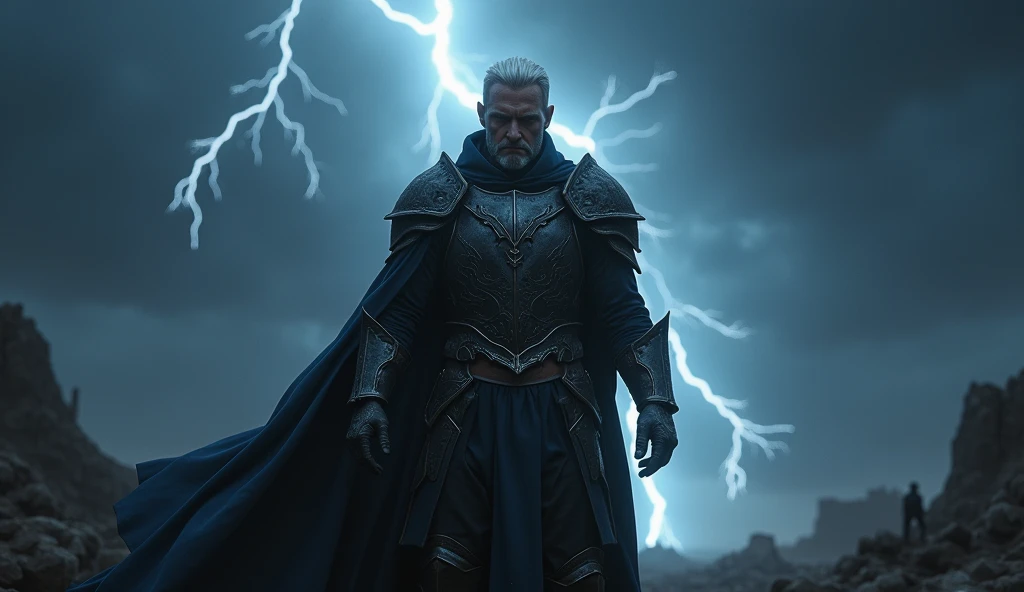 (masterpiece), 1man, 40 years old man, armor, male face, full body shot, storm, thunderbolt, thunder, lightning, aggressive, (frowned), manly face, night sky, full body, ((white hair)), (dynamic pose), shadows, ruins, destruction, evil, scary, sinister, (((perfect hands))), perfect face, starry sky, milky way, helmet, radiating aura, ripples, better hands, outdoors, BREAK, full body shot, photorealistic, best quality, (extremely detailed CG unity 64k wallpaper), ultra-high resolution, ultra-high definition, maximalist, 64k UHD, highres, intricate, intricate details, absurdres, highly detailed, finely detailed, ultra-detailed, ultra-high texture quality, DLSR, RTX, (HDR), detailed textures, ultra-high pixel detail, professionally color graded, full color depth, sharp focus, volumetric lighting, natural shadow, dramatic shading, dramatic lighting,