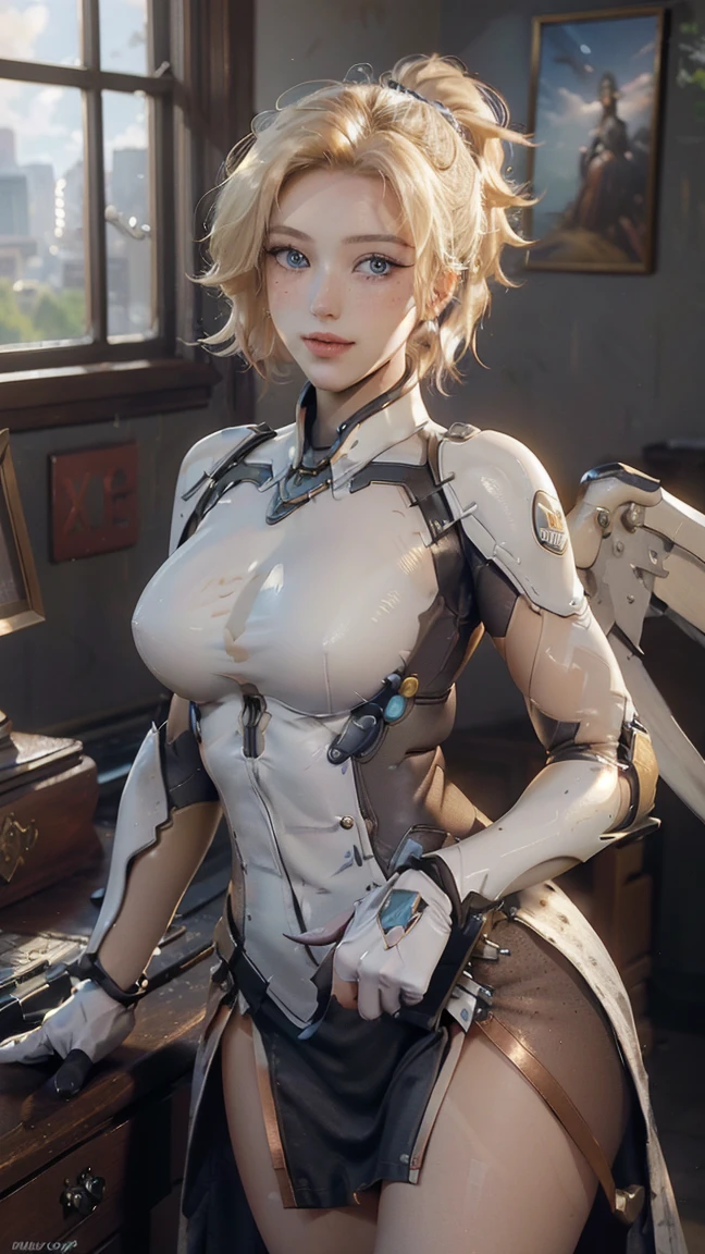 Mercy da overwatch,(best qualityer,4K,8k,high resolution,work of art:1.2)(weather: cloudy), Mondstadt city background, library office, freckles, mechanical wings, bodysuit, long white dress, copper vambraces, yellow pelvic curtain, black gloves, pantyhose, copper greaves, high heels, angel halo, short hair, high ponytail, blonde hair, ultra detailed, realistic,portraite,beautiful detailed blue eyes, glowing eyes,blush,beautiful detailed lips,extremely detailed eye and face, long eyelashes,sexly,average, large breasts,beaming smile, sexy smile,powerful girl, holy pose, stunning curves,bright coloured,dramatic lighting, sunshine rays,