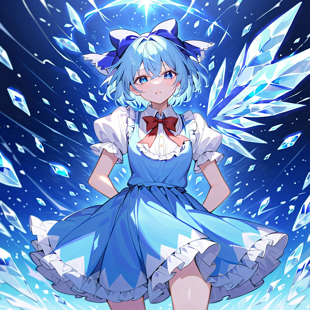 (((((danmaku))))), ((elongated small bullets make an irregular circle)), Unexpected beauty, memorable masterpieces, 1 girl, Cirno, light blue hair, short hair, blue hair bow, blue dress, white sleeves, short sleeves, red bow tie, ice wings. She is shown casting "Diamond Blizzard," Two large glowing round bullets on either side of the body, From there elongated small bullets make an irregular circle, The scene is filled with sparkling ice patterns, capturing the power and elegance of Cirno's attack. Best quality, highly detailed, 8K resolution.