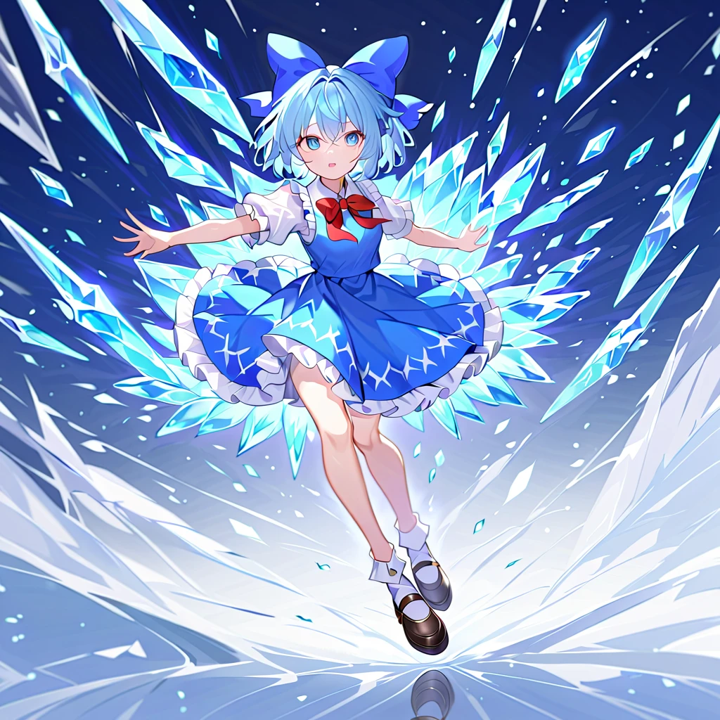 (((((danmaku))))), ((elongated small bullets make an irregular circle)), Unexpected beauty, memorable masterpieces, 1 girl, Cirno, light blue hair, short hair, blue hair bow, blue dress, white sleeves, short sleeves, red bow tie, ice wings. She is shown casting "Diamond Blizzard," Two large glowing round bullets on either side of the body, From there elongated small bullets make an irregular circle, The scene is filled with sparkling ice patterns, capturing the power and elegance of Cirno's attack. Best quality, highly detailed, 8K resolution.