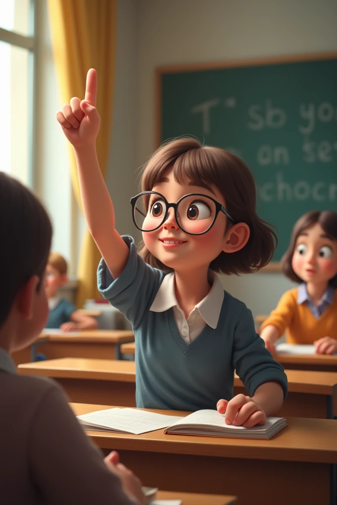 A town young big girl wearing specs and tied hair in a ponytail wearing white tshirt and blue mini skirt. She present her crystal infront of her classmates