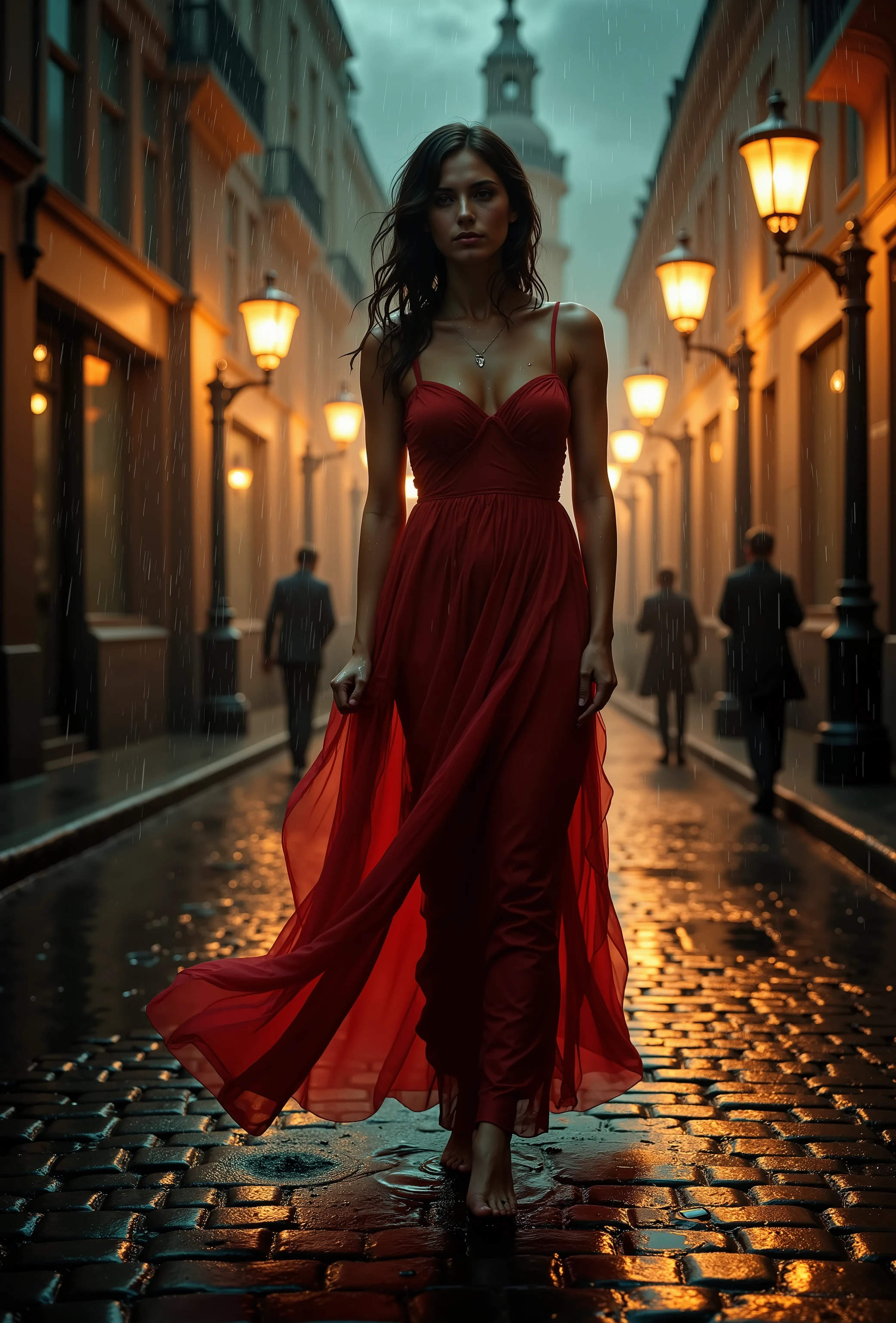 A cinematic depiction of a beautiful woman walking through heavy rain, her flowing red dress soaked and clinging to her body, with rain streaming down her face and wet hair sticking to her skin. The setting is a moody cobblestone street at night, illuminated by the warm glow of vintage streetlights struggling to pierce the dense rain and mist. Puddles reflect the golden light, and raindrops create dynamic ripples, adding a sense of movement. The atmosphere captures a dramatic blend of romance and melancholy, with vibrant contrast between the soft light and dark rainy shadows. Style: cinematic realism, with intricate textures, detailed reflections, and immersive lighting effects, emphasizing the drama and passion of the scene.