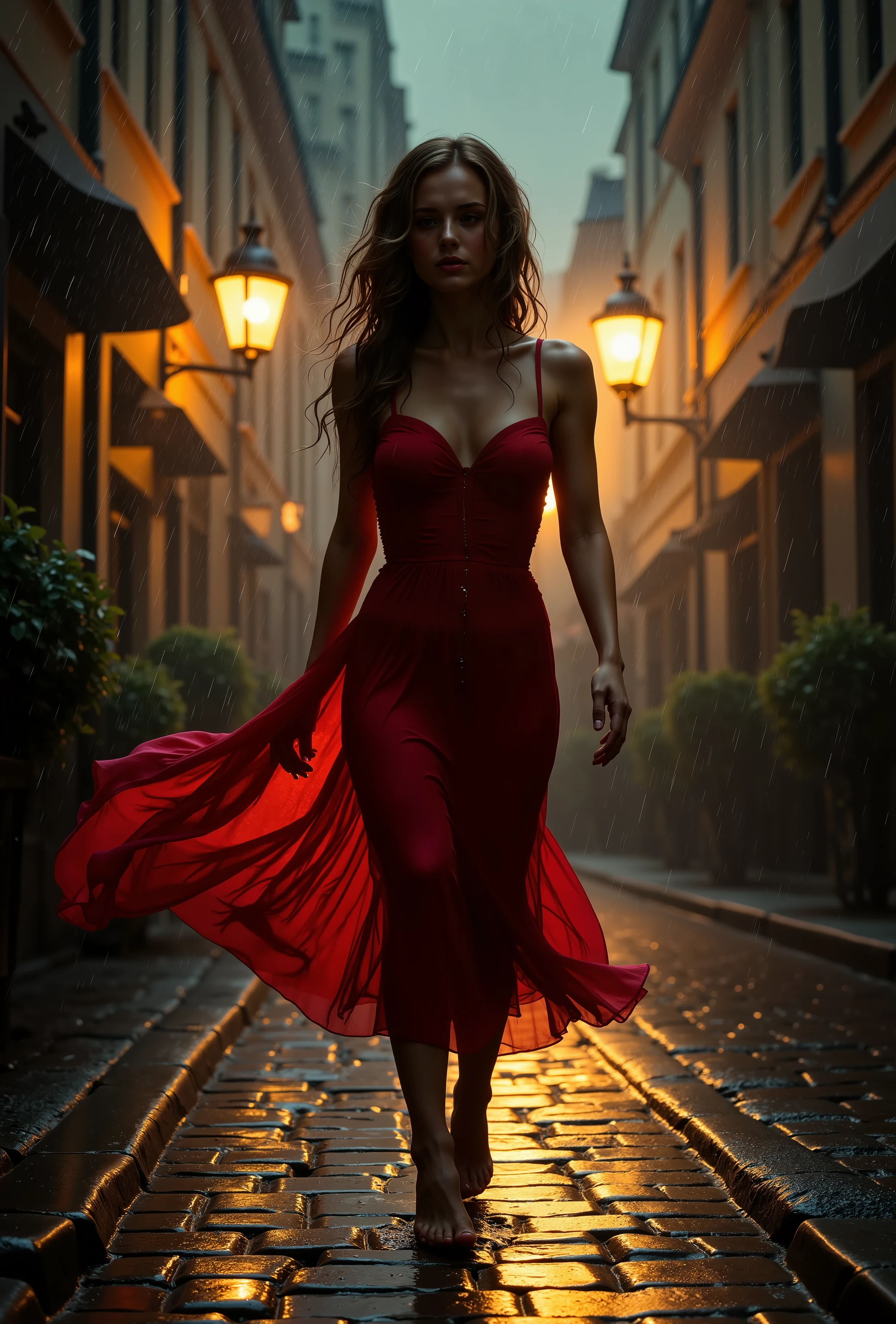 A cinematic depiction of a beautiful woman walking through heavy rain, her flowing red dress soaked and clinging to her body, with rain streaming down her face and wet hair sticking to her skin. The setting is a moody cobblestone street at night, illuminated by the warm glow of vintage streetlights struggling to pierce the dense rain and mist. Puddles reflect the golden light, and raindrops create dynamic ripples, adding a sense of movement. The atmosphere captures a dramatic blend of romance and melancholy, with vibrant contrast between the soft light and dark rainy shadows. Style: cinematic realism, with intricate textures, detailed reflections, and immersive lighting effects, emphasizing the drama and passion of the scene.