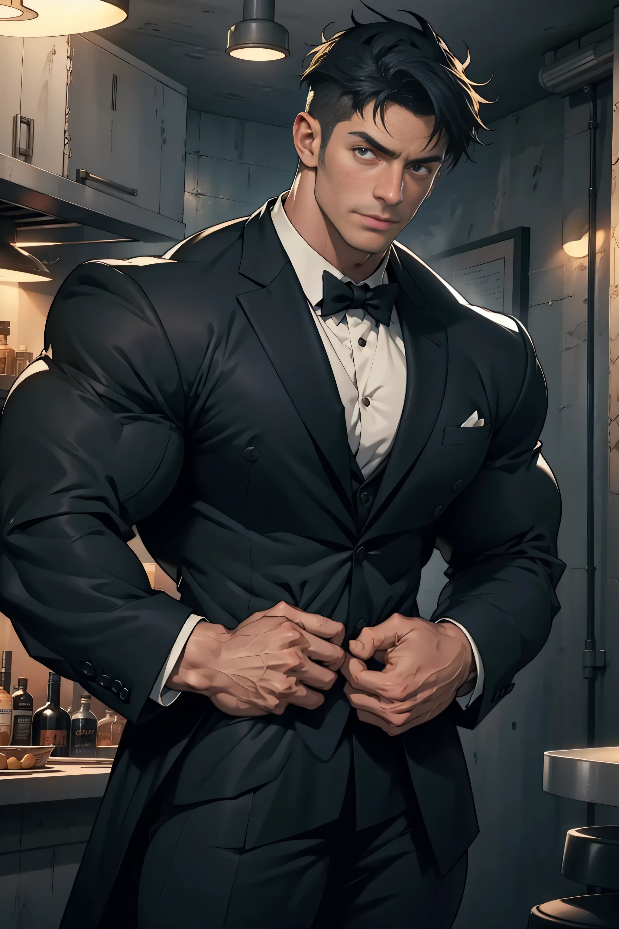 masterpiece， best quality，Awareness-raising， realistic style ， realistic style like the picture ，1 male. face details， Official Art，Night bar,すごいmuscle,movie lighting，1 male， tuxedo，Black Suit, the clothes are patchy but don't tear and wear them beautifully, standing， crotch close-up ，Crotch view， Alone ，Hansa，Hansaム face，[[[［muscle］， short hair， black hair,Iris, Steroid Muscle,Strong body,SP