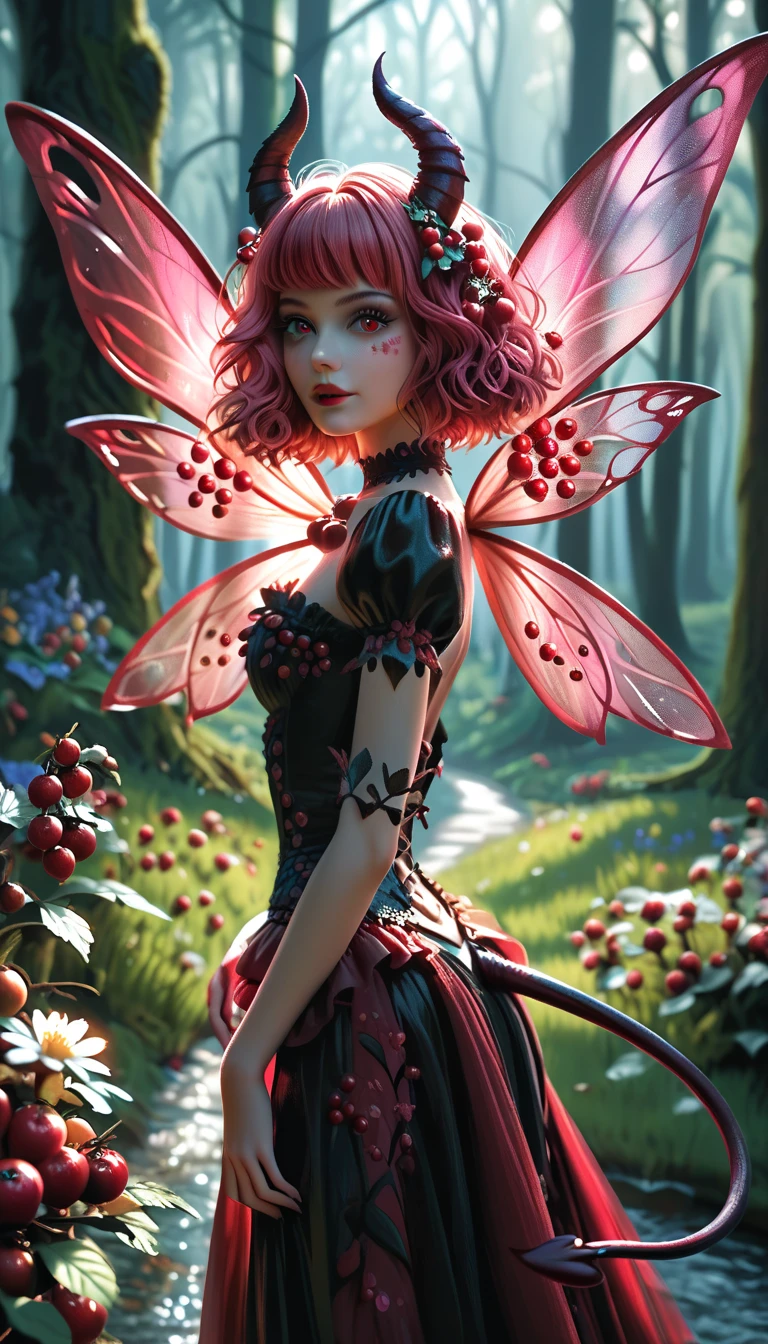 Realistic, (1girl)(solo)(gothic fairy)(demon horns)(demon tail)(dark insect wings)(back view)(dark night)(dark forest)(flying on dark fantasy forest)(glowing flowers)(wide view)(perfect hand)(expressive eyes)(perfect face)((Masterpiece))((best quality))(Score_9, score_8, score_7_up)(8k)(anatomy correct)(perfect anatomy)(ultra details)Cranberry, demon girl, cranberry clothes, cranberry hair, cranberry skin, cranberry wings, cranberry tail,  Gothic face, cranberry background, perfect wings, perfect tail