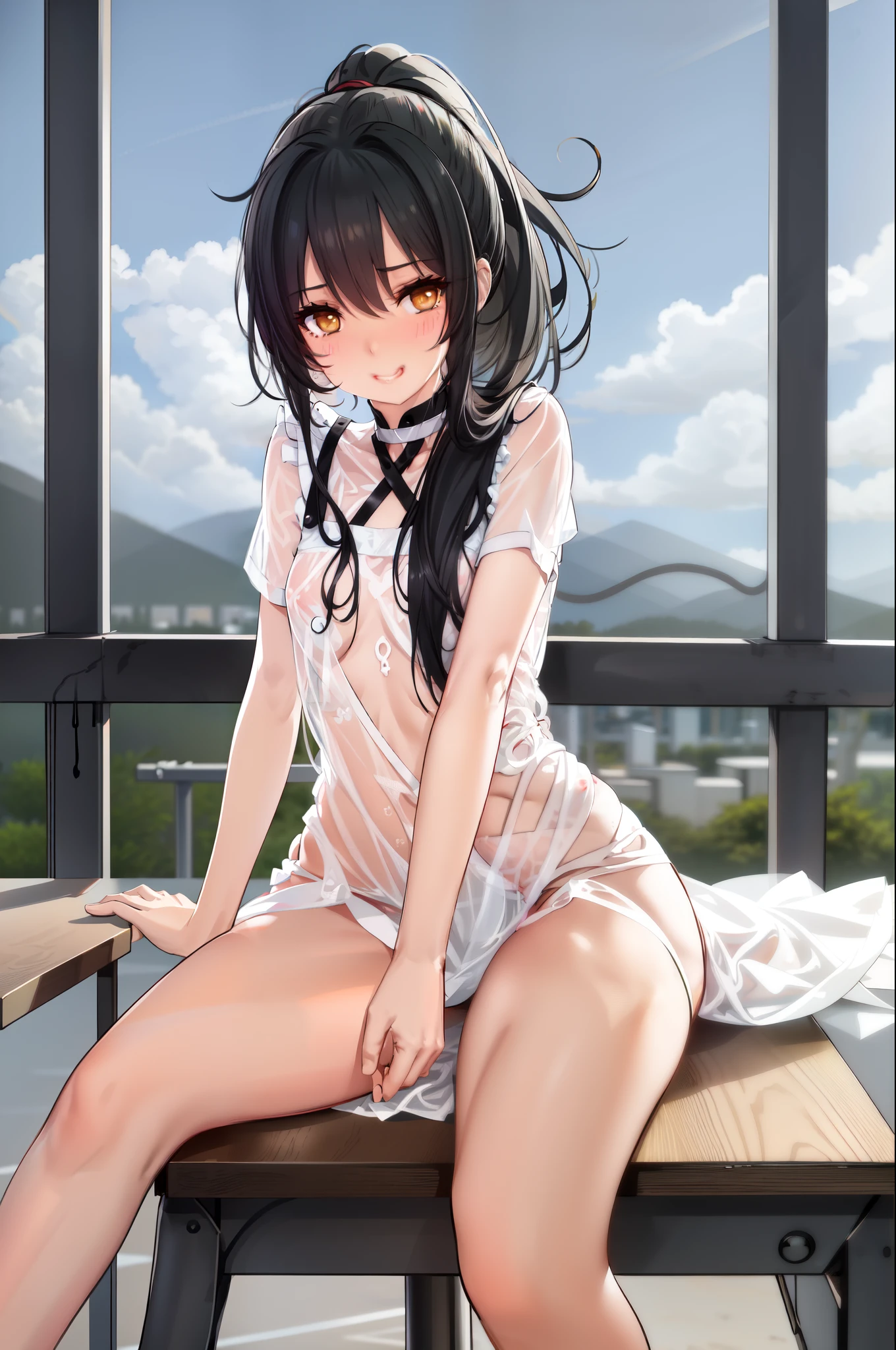 alone, (Girl sitting in classroom), (Beautifully detailed face), Highly detailed eyes, Forced smile, Flat Chest,  , Black Hair, (Gradient Hair), (Yellow Eyes), (Gradient Eye), High Ponytail, Straight bangs, uniform, Backlight, Doge, 覆われたNipples ,smile, Open your mouth, Blushing,, Licking your lips, Close your eyes and lean in close, whole body,Adult,AV,Idol,Hair blowing in the wind, Disheveled Hair, Waistline,Sexy pose,Leg spread,Beautiful legs,Beautiful feet,Nipples,See-through,