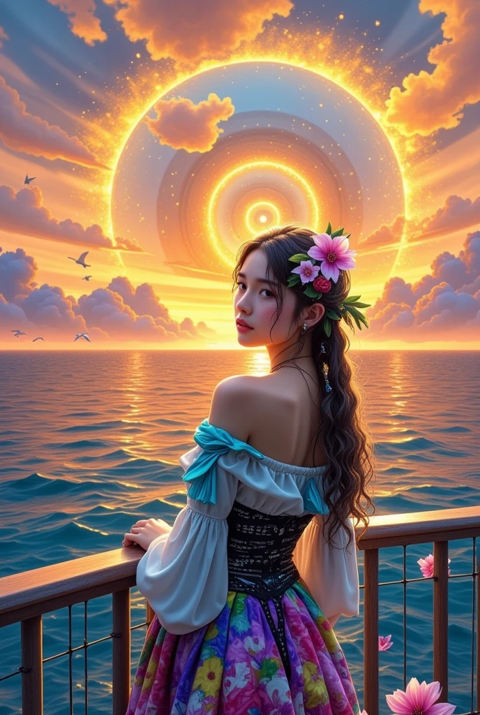 a picture of figures, It depicts a fantasy female pirate captain leaning on the railing of the ship in a  moment, with his back to the sea at sunset, his expression thoughtful, (eyes looking at the audience: 1.5), Vibrant sunset sky reflected in calm sea, seagulls in the distance, Soft, warm lighting highlights her thoughtful gaze, Create using: digital strokes, Reflect emotions, calm ocean scene, Detailed character research, ambient sunset color, peaceful atmosphere, glibatree tips, HD quality, Natural look, Focus on showing the elegance and sophistication of female captains, (floral watercolor painting:1.3), (Super high saturation, bright and vivid colors:1.5), (nsfw)